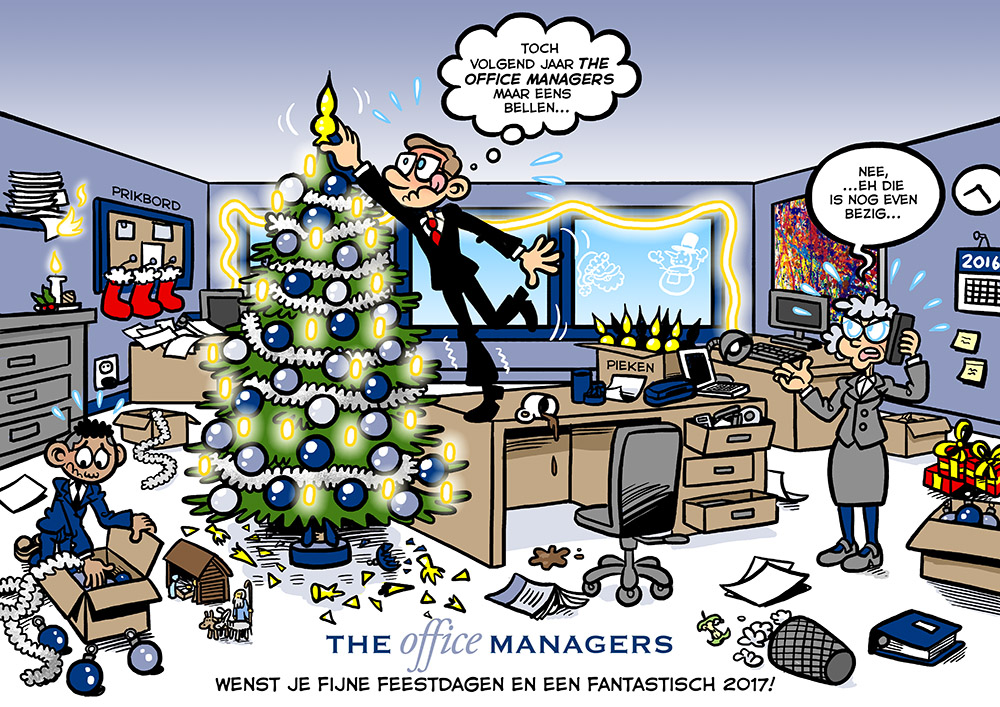 Voor The Office Managers mocht ik een cartoon kerstkaart maken. Het is een vrolijke, drukke boel geworden om de chaos te benadrukken die een Office Manager voor u had kunnen voorkomen.