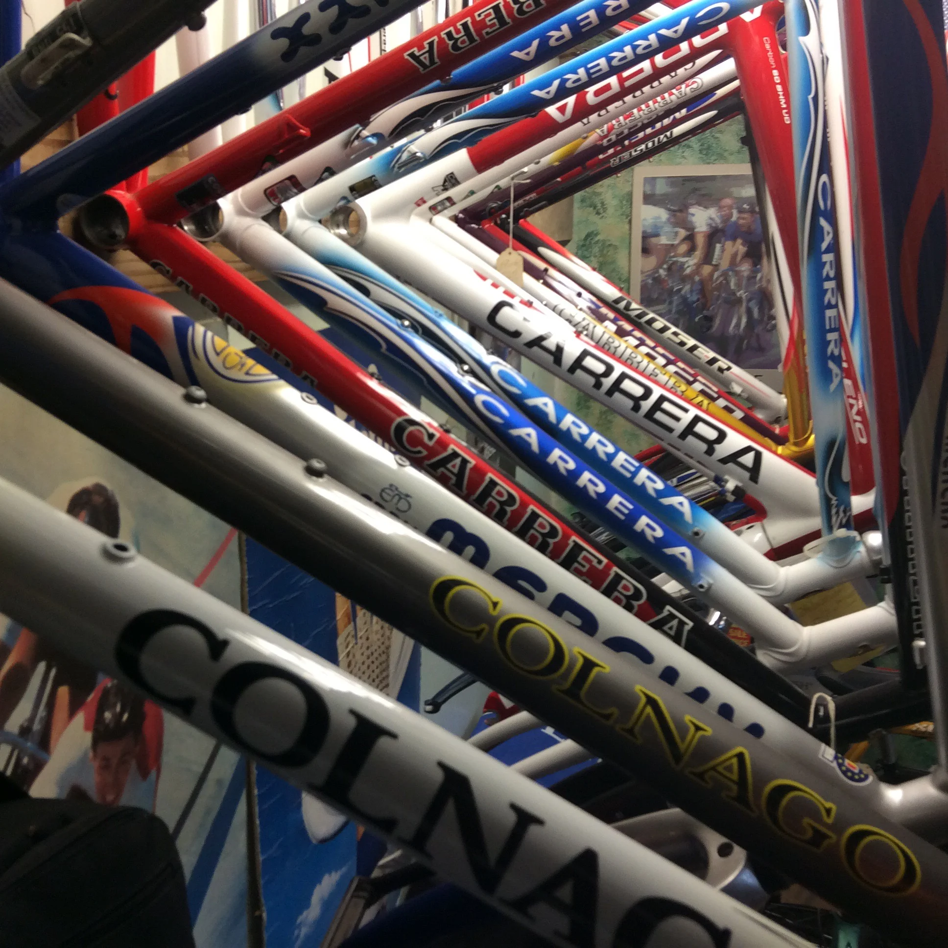 Colnago, Merckx, Carrera, and Moser frames waiting to be built up.