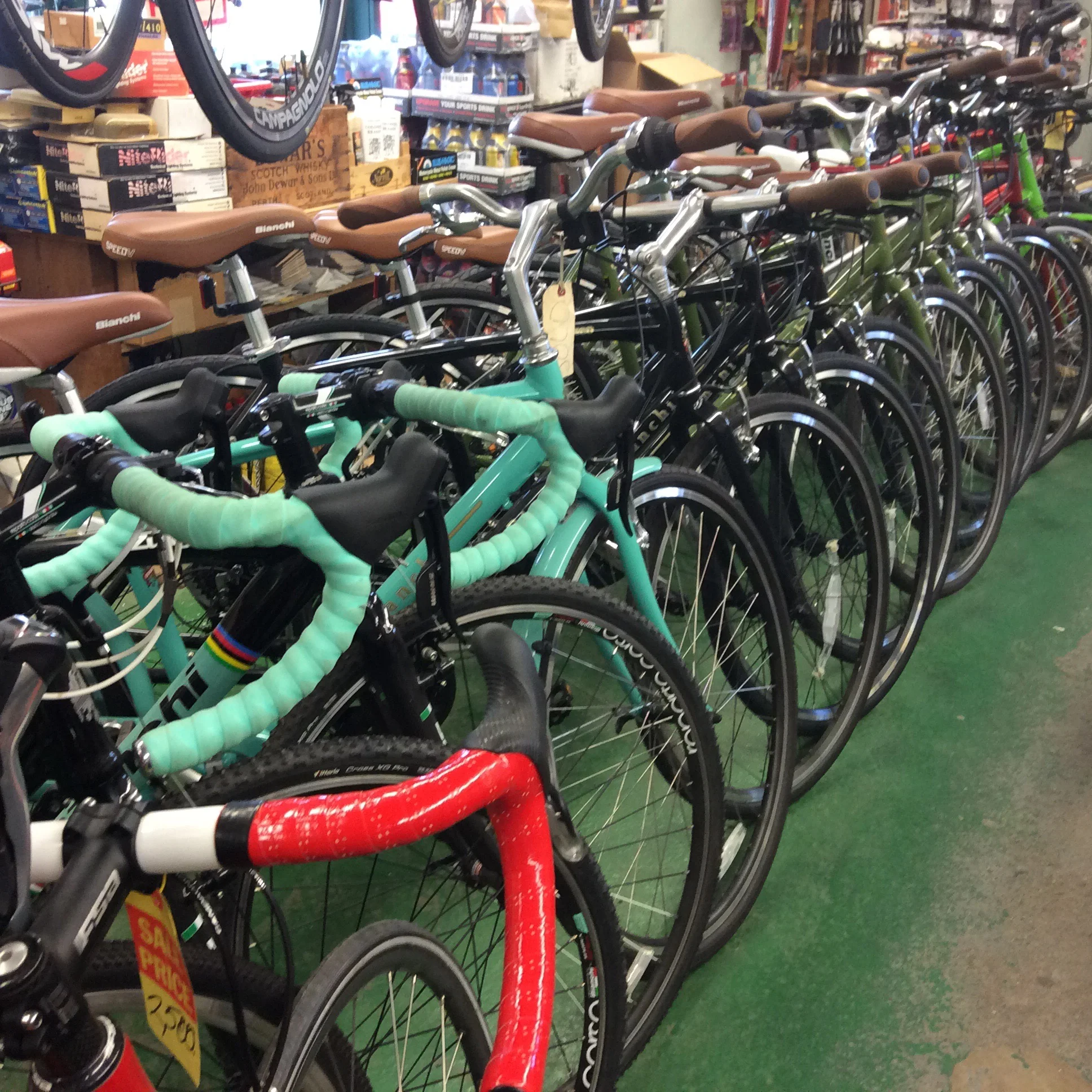 Two Bianchi ‘cross bikes ready for the fall race season, and numerous Bianchi commuter bikes ready for leisure life.