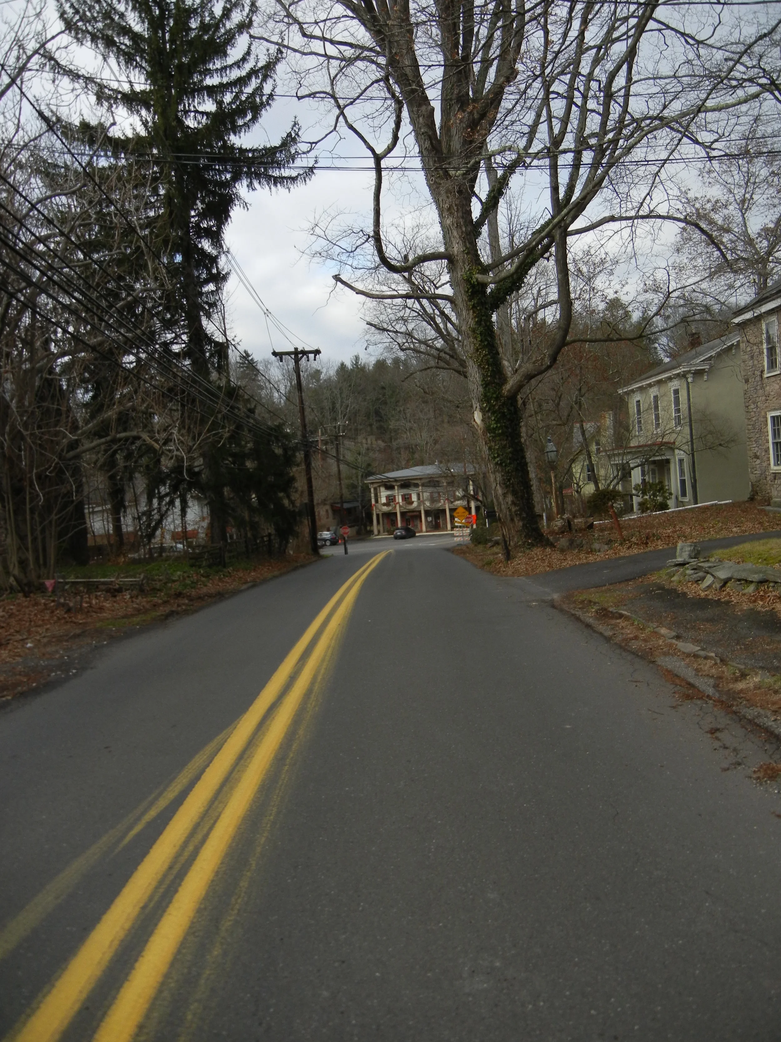 On the approach to Carversville. The Carversville Inn is center, a building that was present during the Revolutionary War times.
