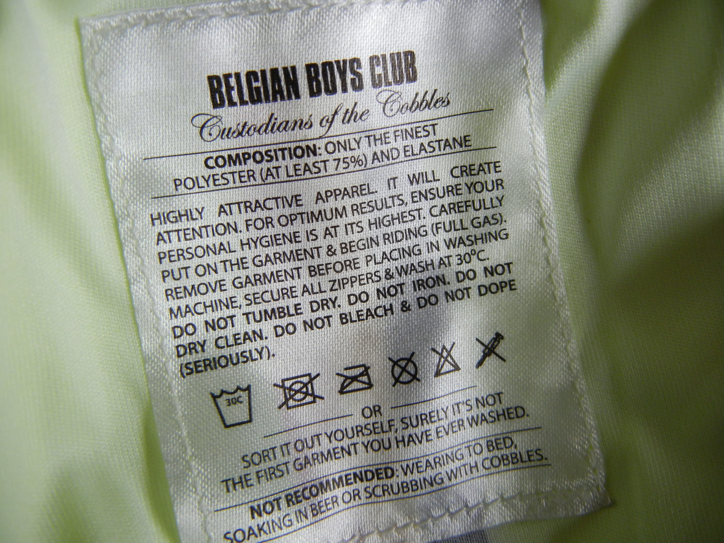 The cleaning instructions that come with the Belgie jersey.