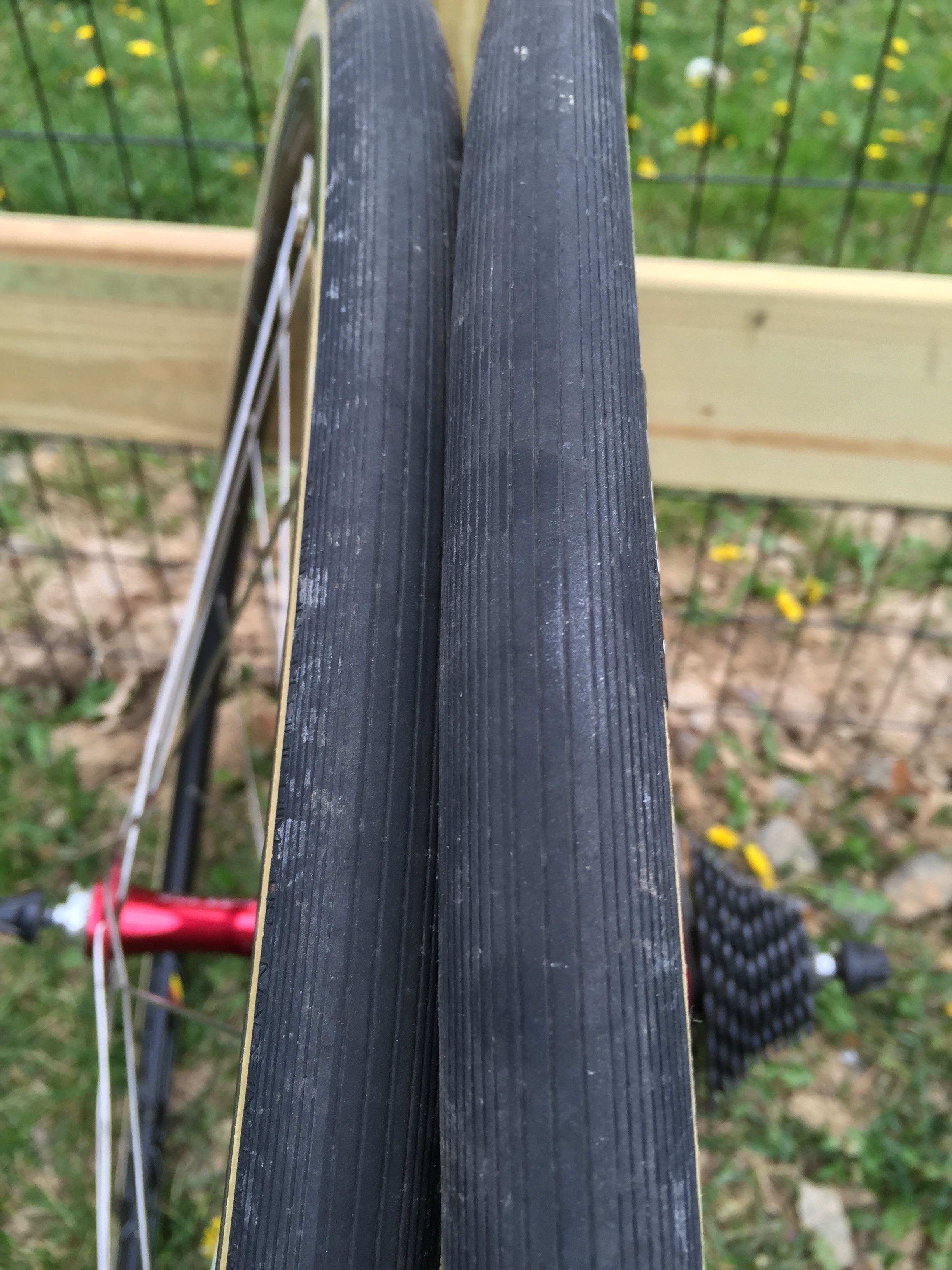 A closeup of the new Vittoria Corsa tread pattern displays the cornering ridges as well as the wide tread down the middle. The tread pattern features Vittoria's touted Graphene technology. It is touted as flatproof technology as featured in the video on the Vittoria website.