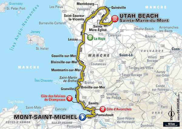 From letour.fr website, stage one of this year's Tour starts at Mont-Saint-Michel and ends at Utah Beach. Since Mont-Saint-Michel is time sensitive, perhaps the ending of the women's race could be elsewhere. If the women started at Utah Beach, the men's finish, and headed to Mont-Saint-Michel, organizers could mathematically figure the two races cross between Lessay and Montmartin-sur-Mer and reroute accordingly.