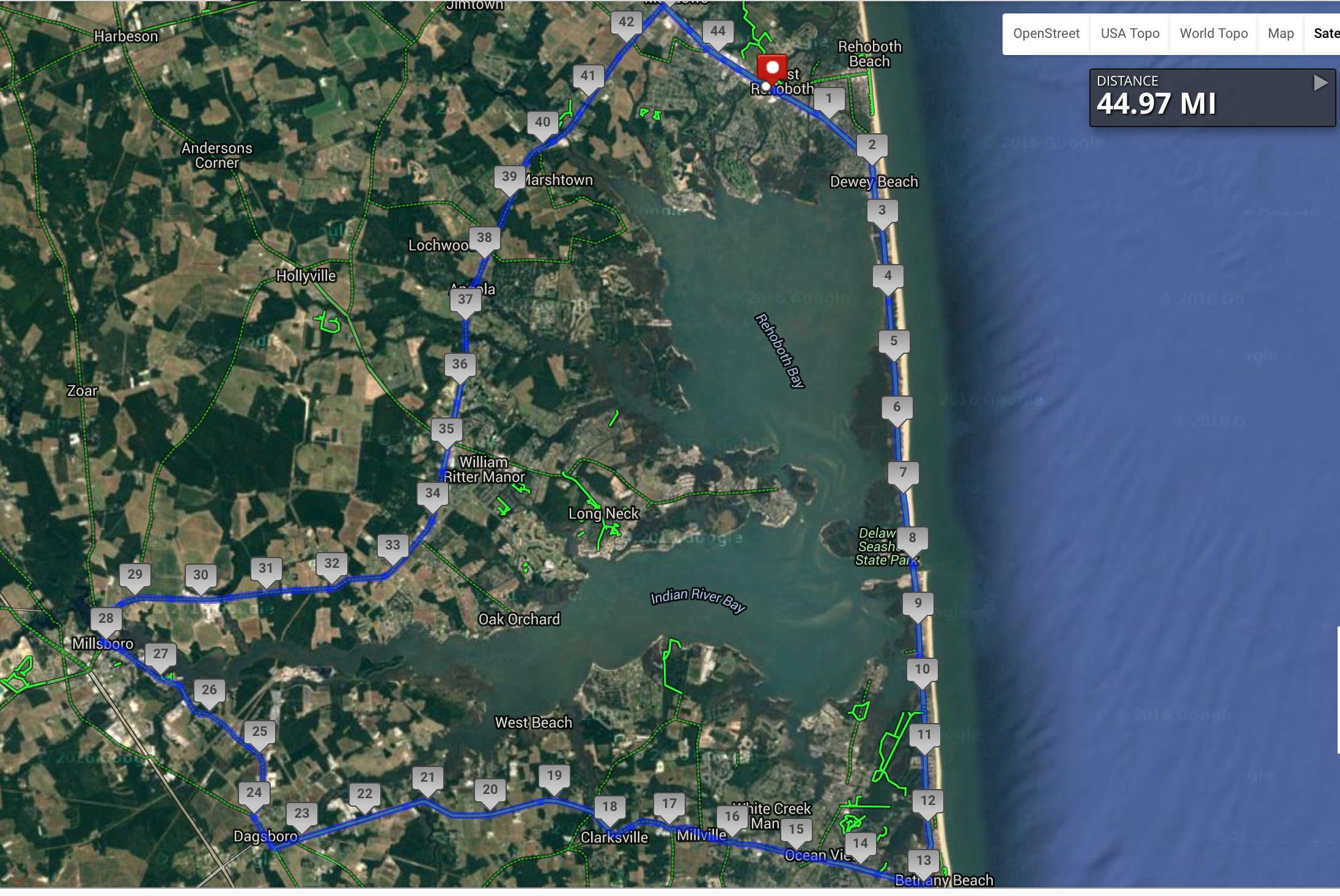 The loose course map with satellite view takes the rider south before turning west. The long road from mile marker 29 to 42 is John J. Williams Highway.