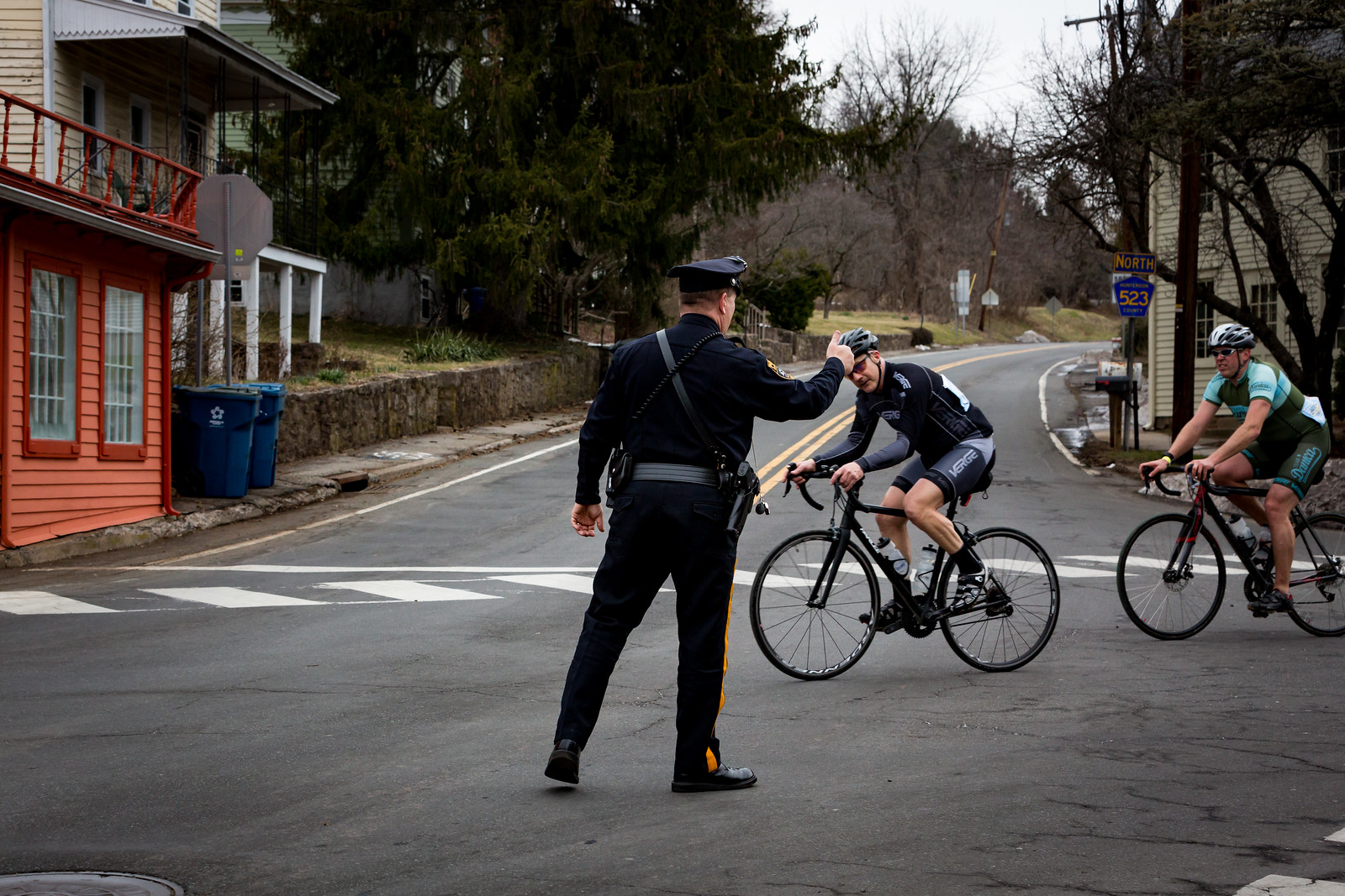 Many intersections allowed safe passage by police presence. Here, a police officer gives priority to cyclists riding in the Hell of Hunterdon as they pass through Sergeantsville, NJ. Photo courtesy Mike Maney.