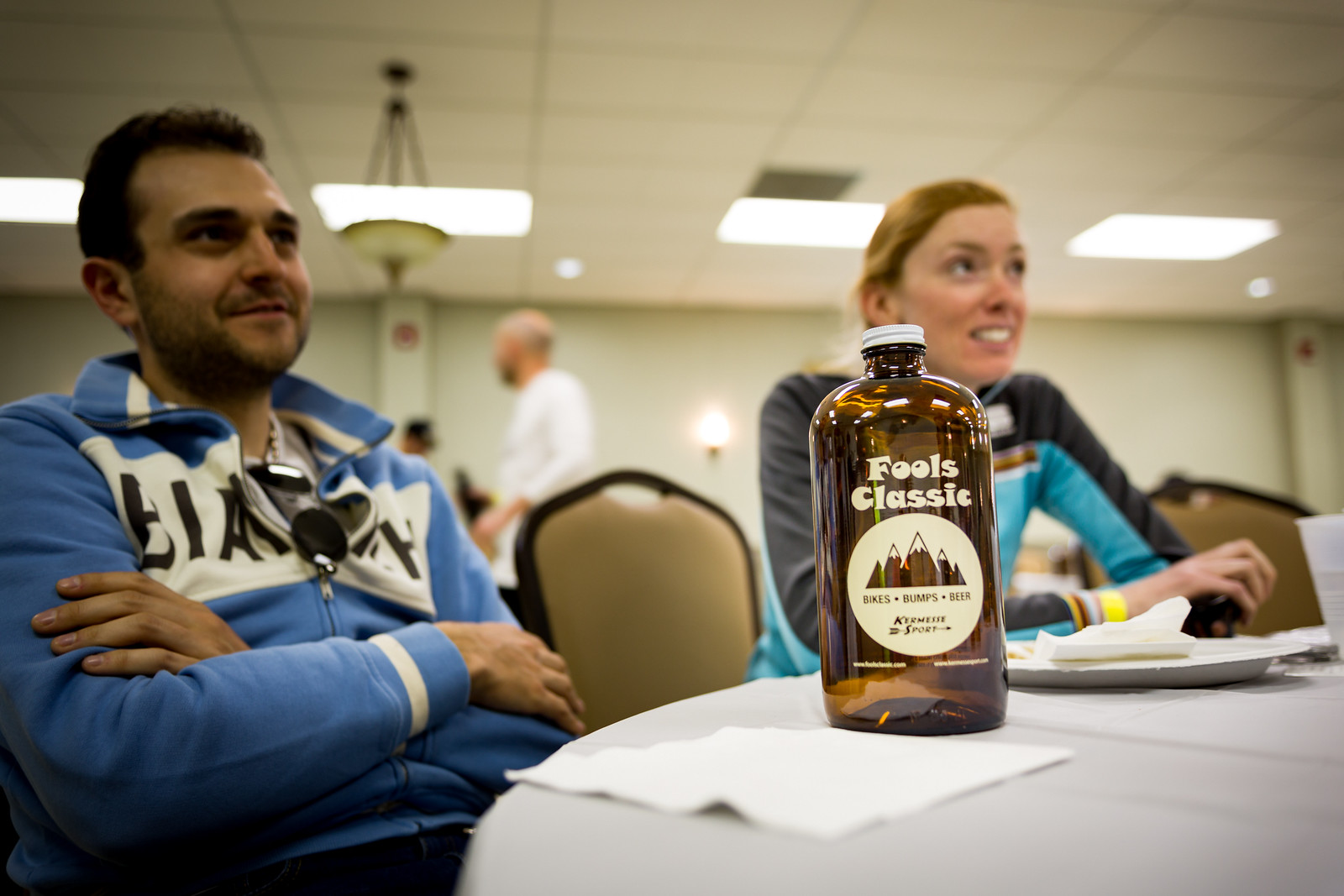 The finish line conversations are always enjoyable as riders recount their experiences. This year's Fools Classic gave away smartly designed 32 ounce growlers. If you see a fellow rider filling this , you'll know you suffered togther. Photo by Mike Maney.