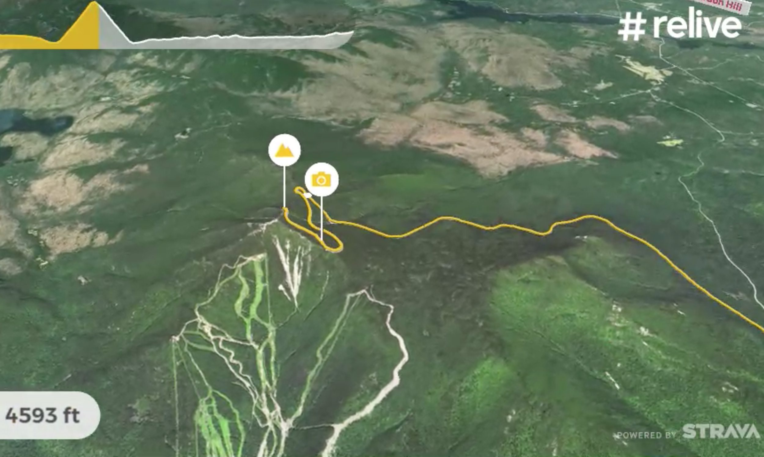 Whiteface Mountain is shown in detail, complete with the ski runs on the opposite side of the Memorial Highway. Here the app highlights the highest point of the ride after showing a photo that was taken during the ascent.