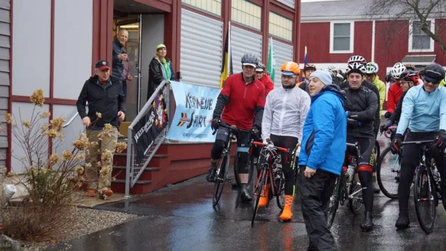 Riders gather at Sourland Cycles in Hopewell, NJ, for the start of the Sourland Semi-Classic, the first event on the Kermesse Spring Classics Series. Photo courtesy Emily Vickers, MVPLLC