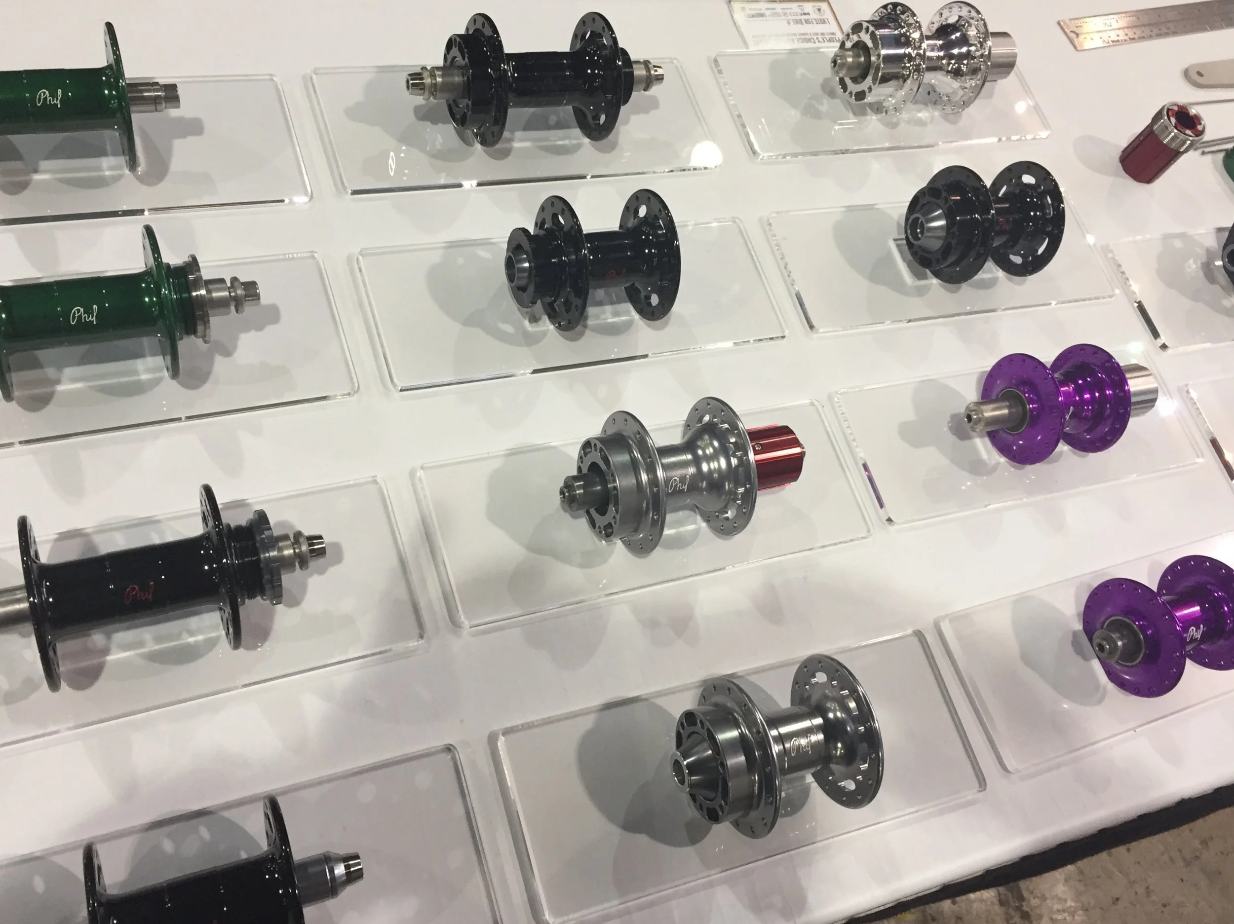 Phil Wood’s beautiful display of colorful hubs.