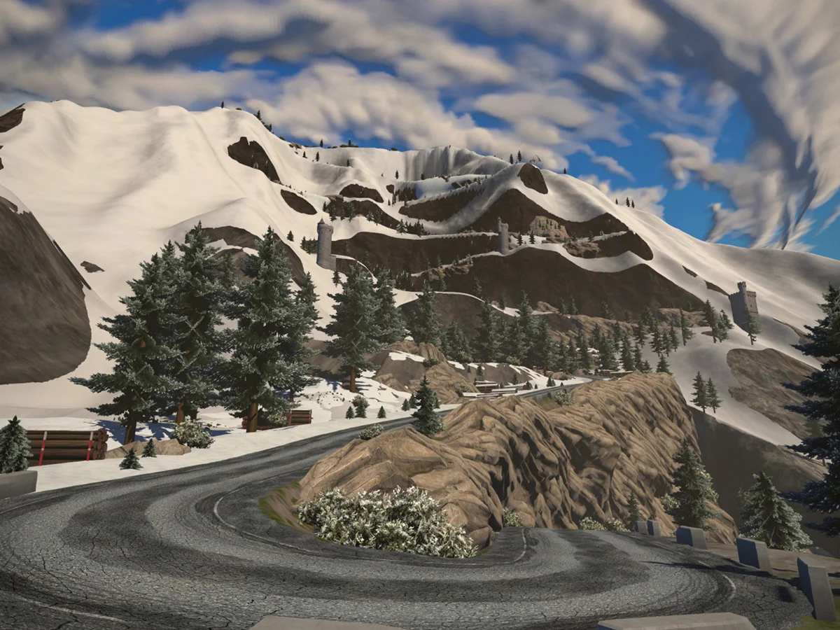 Climb Alpe du Zwift for a climbing simulation. Screenshot from zwift.com