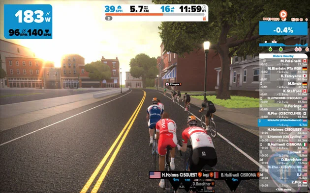 Zwift clarity is remarkable. A standard view on Zwift, riders can see their wattage, progress, and separation within the group experience.