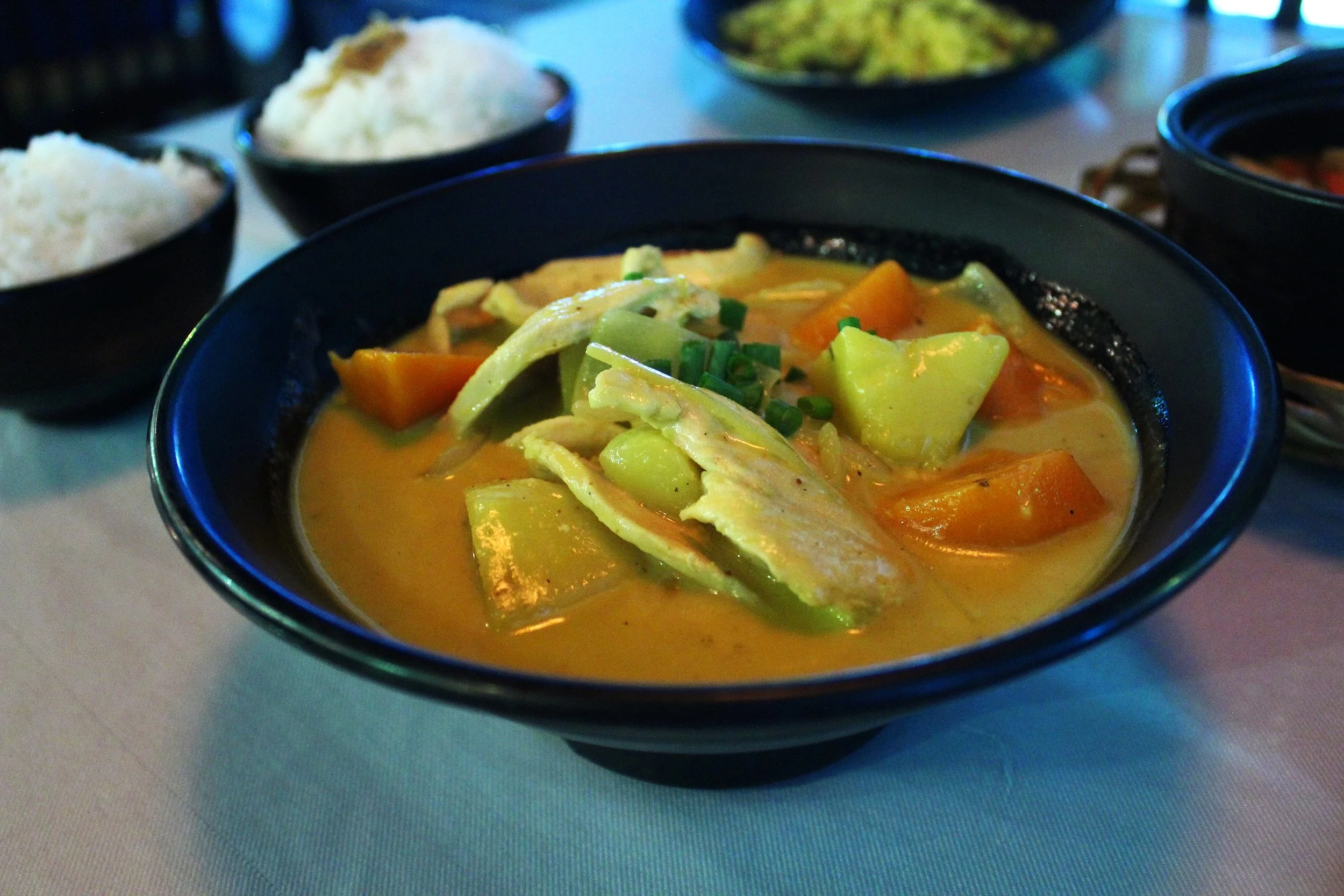 Vietnamese curry with chicken and served with rice - Delicious!