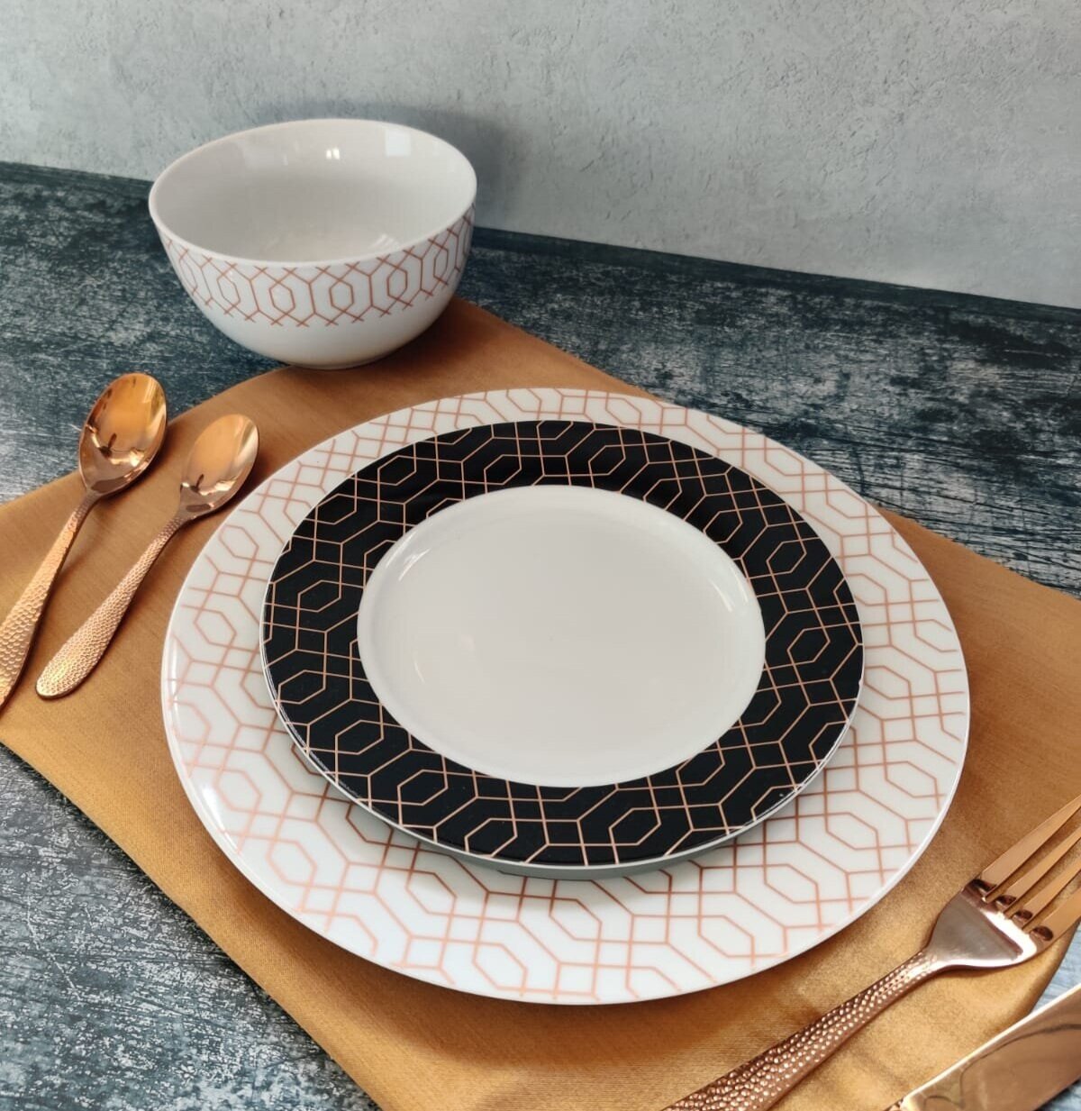 Tower rose gold geo dining plates