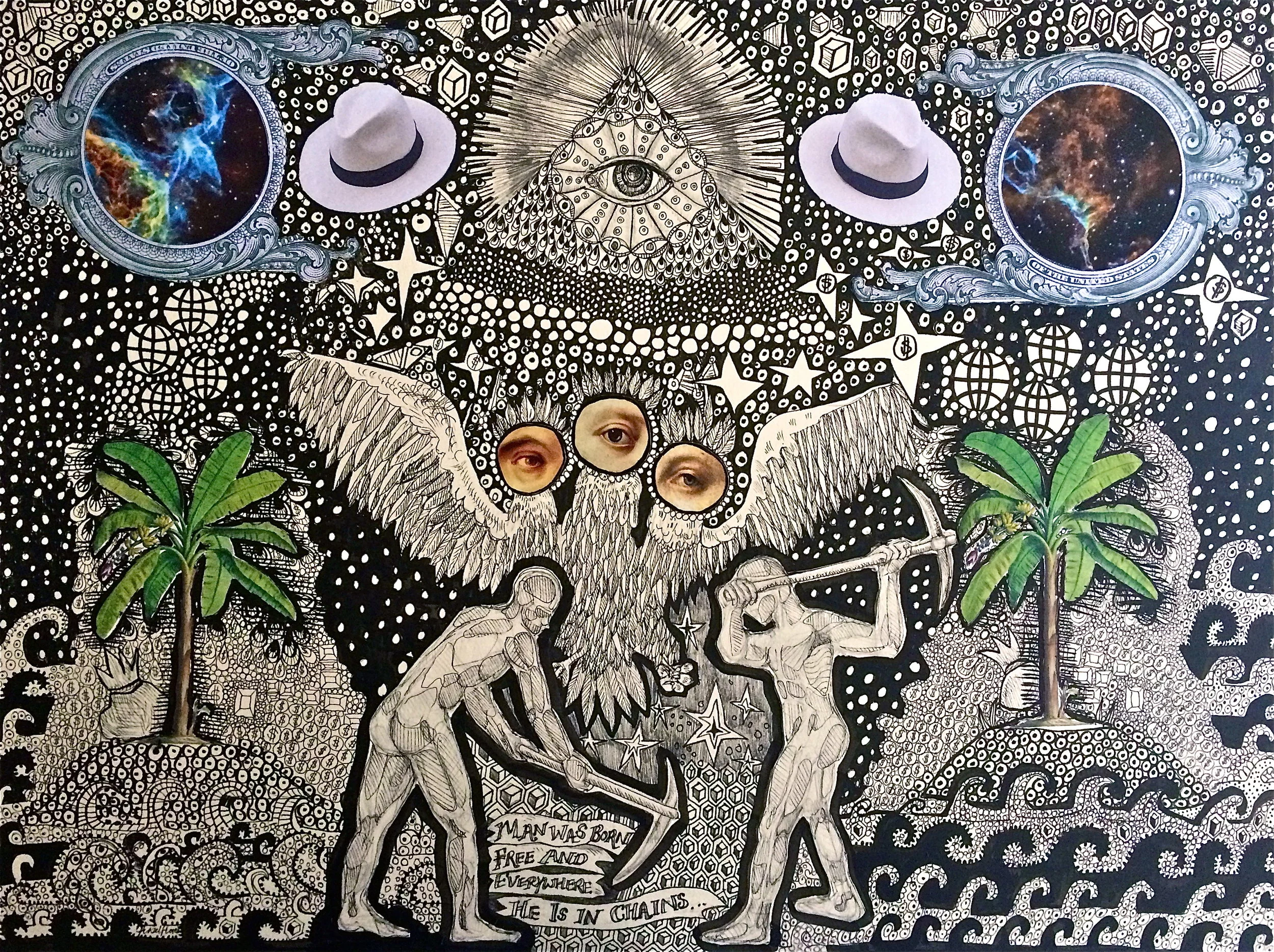  Pen, pencil, collage on card.  56 x 42 cm 