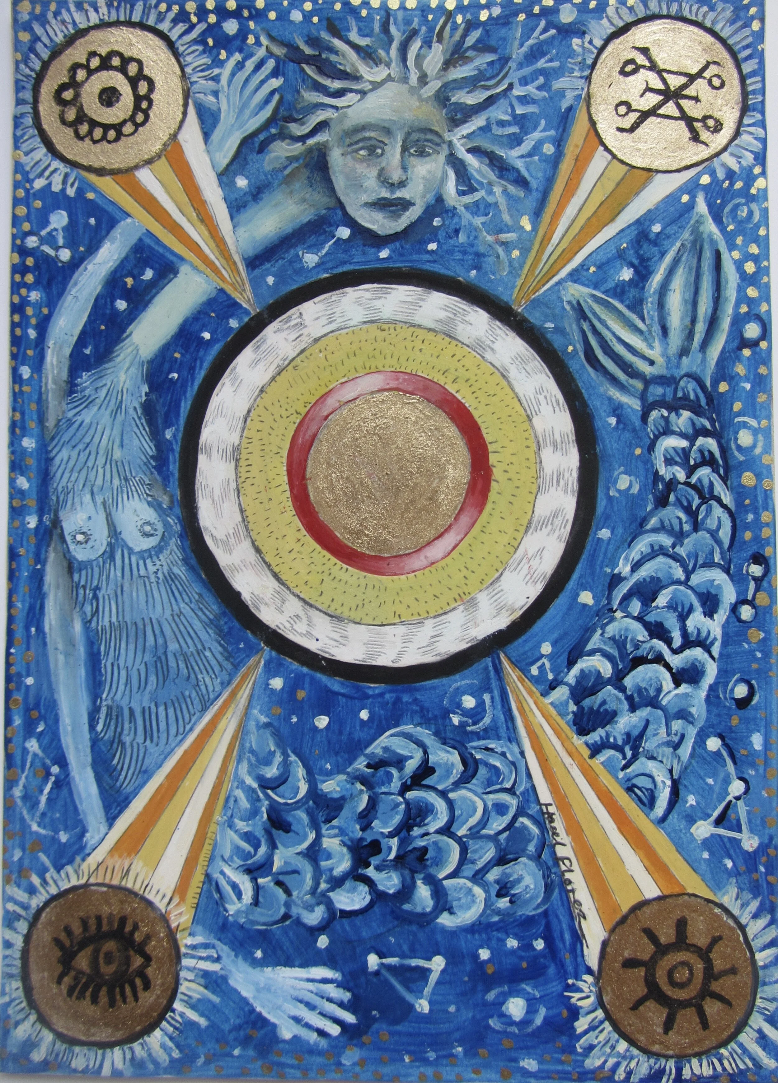 “Cyclical Creature”   21 x 15 cm  Oil Paint, Pen, Pencil, gilding on card  A miniature completed for ‘Life on Venus’ exhibition at The Tub Gallery Hackney 2020.