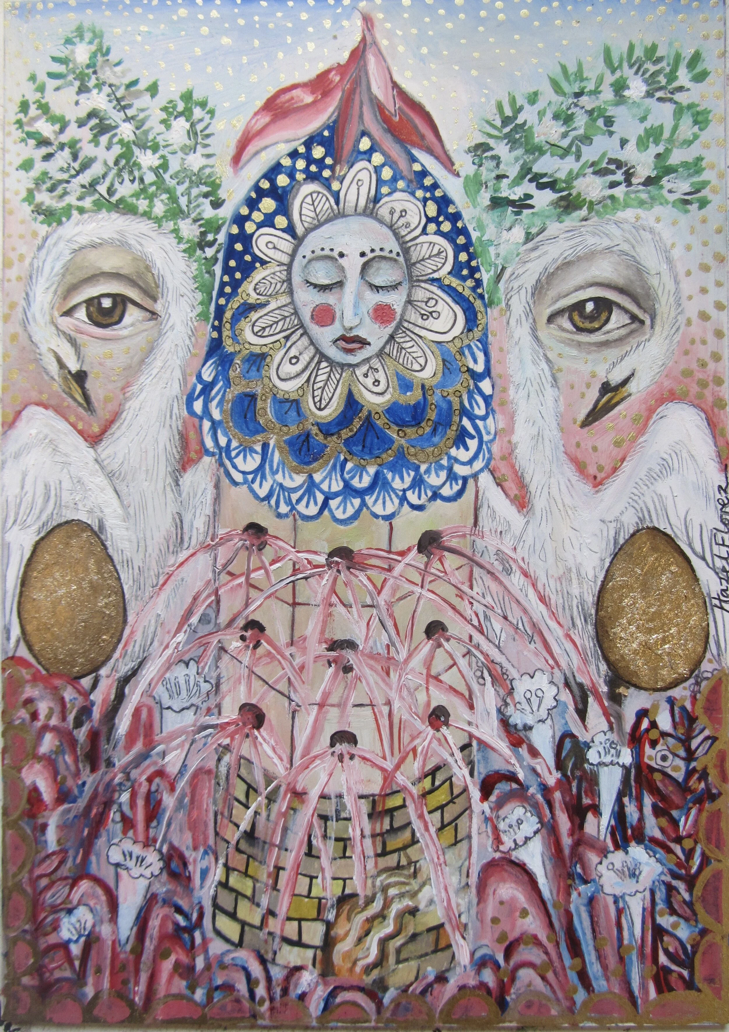 “The Fountain of Venus”  21 x 15 cm  Oil Paint, Pen, Pencil, gilding on card  A miniature completed for ‘Life on Venus’ exhibition at The Tub Gallery Hackney 2020.