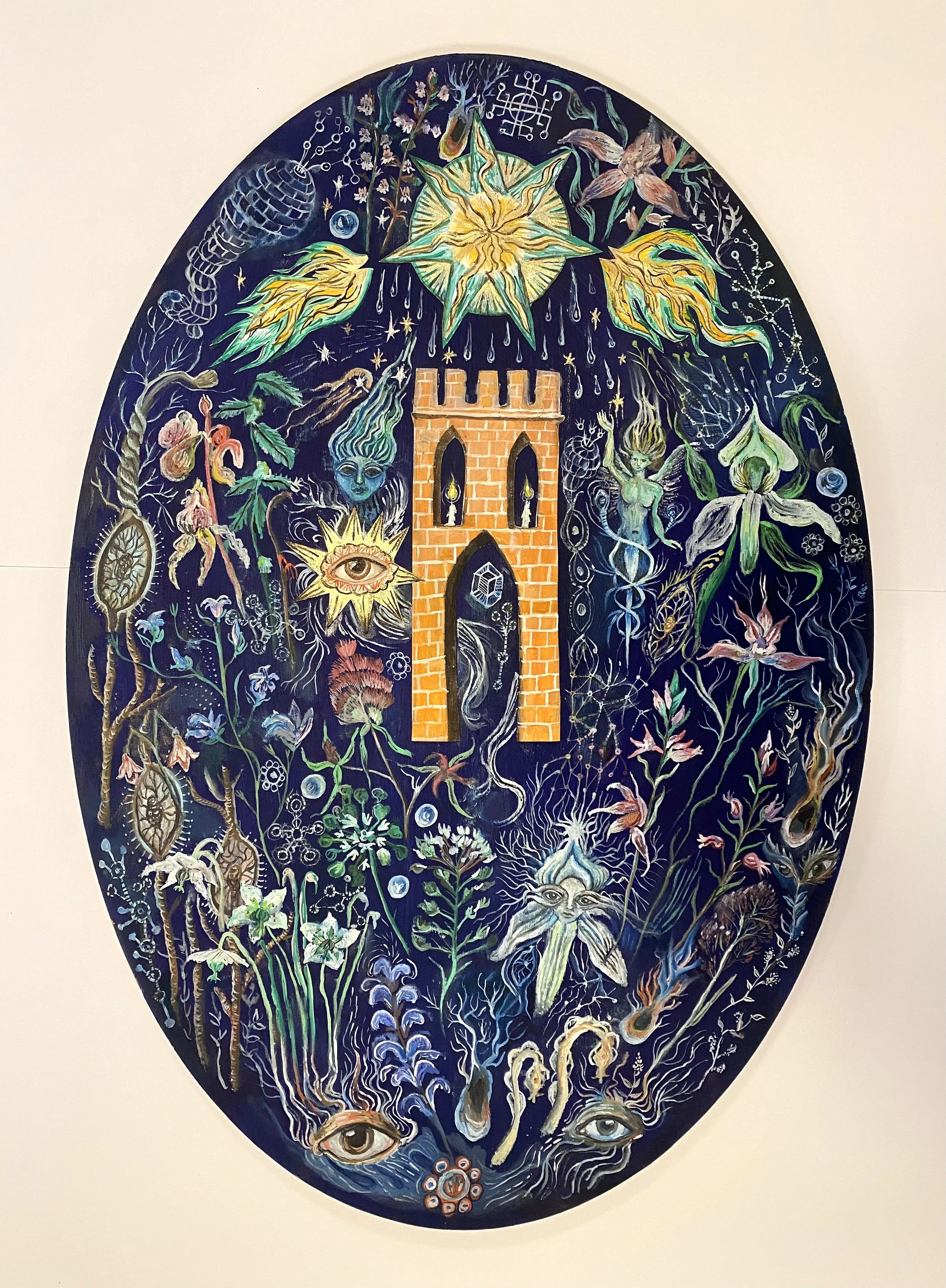 Oil paint, card, gold powder on wooden panel  Approx 79 x 54 cm