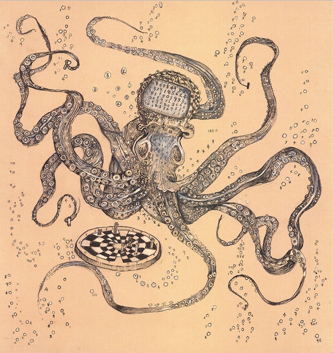 Pen, pencil, white oil paint on card  30 x 28 cm