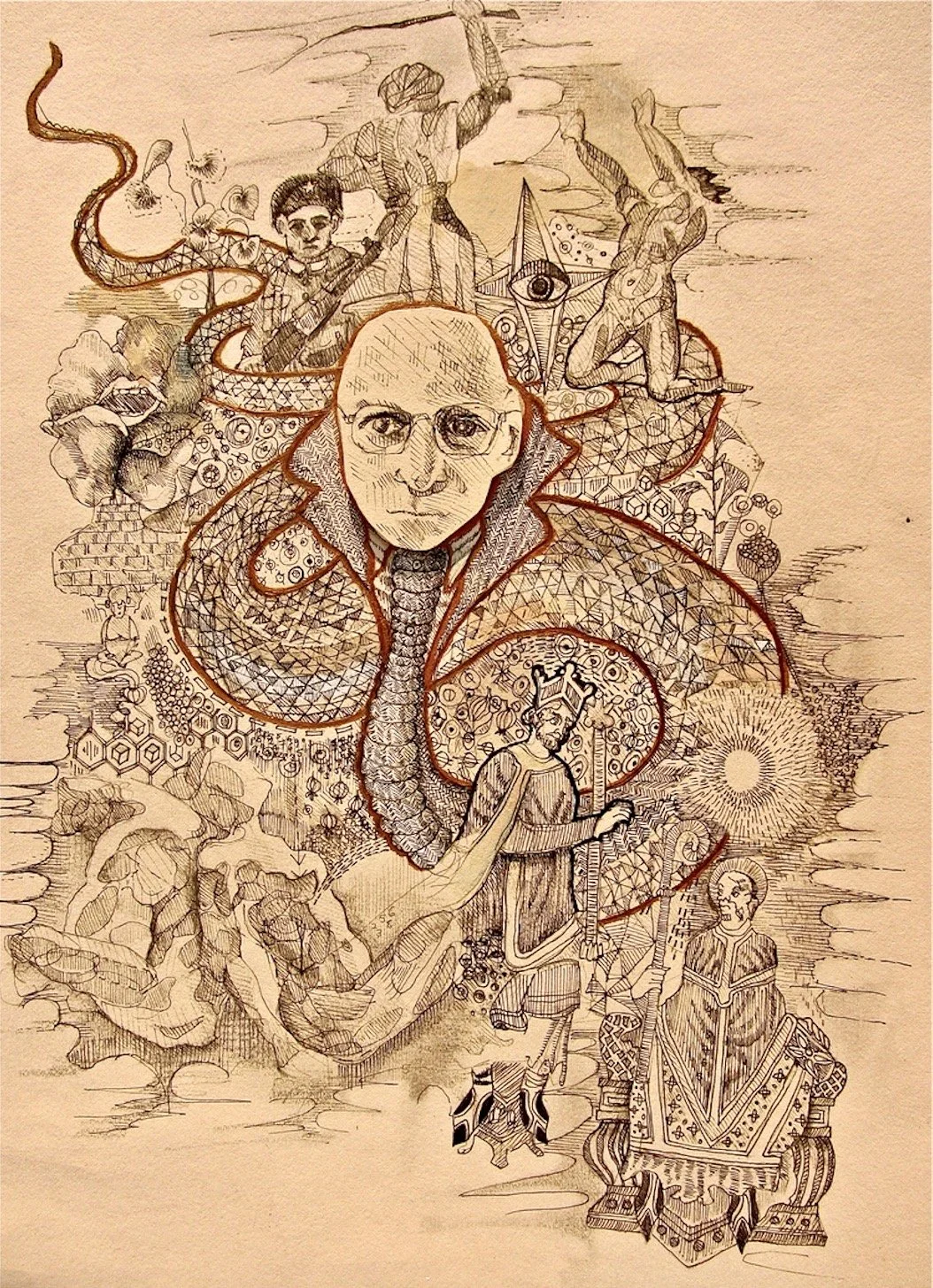 Pen, pencil, gold acrylic on card  40 x 28 cm