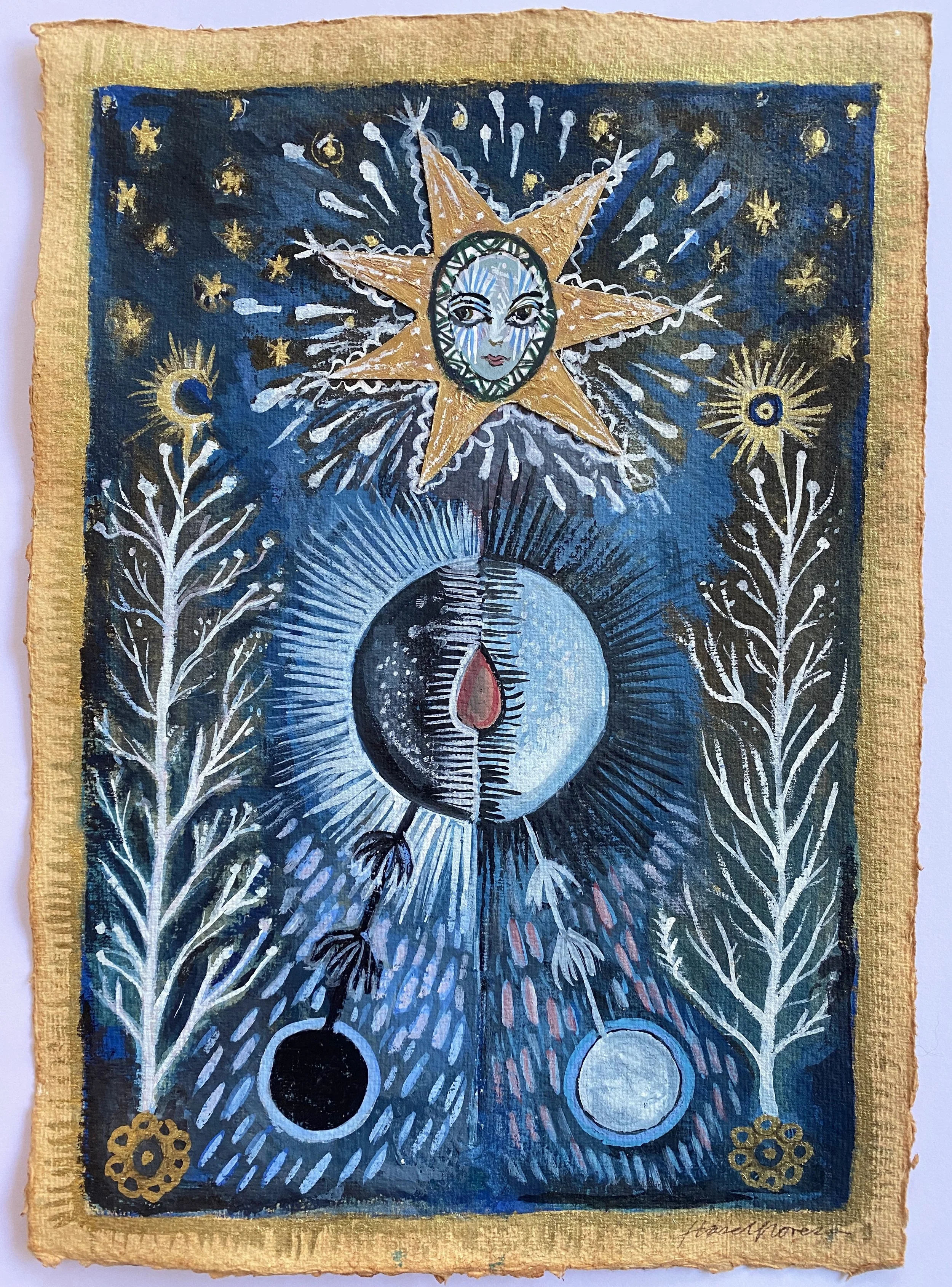 Tea stained khadi paper, watercolour, card, gold pigment, gouache  30 x 21 cm