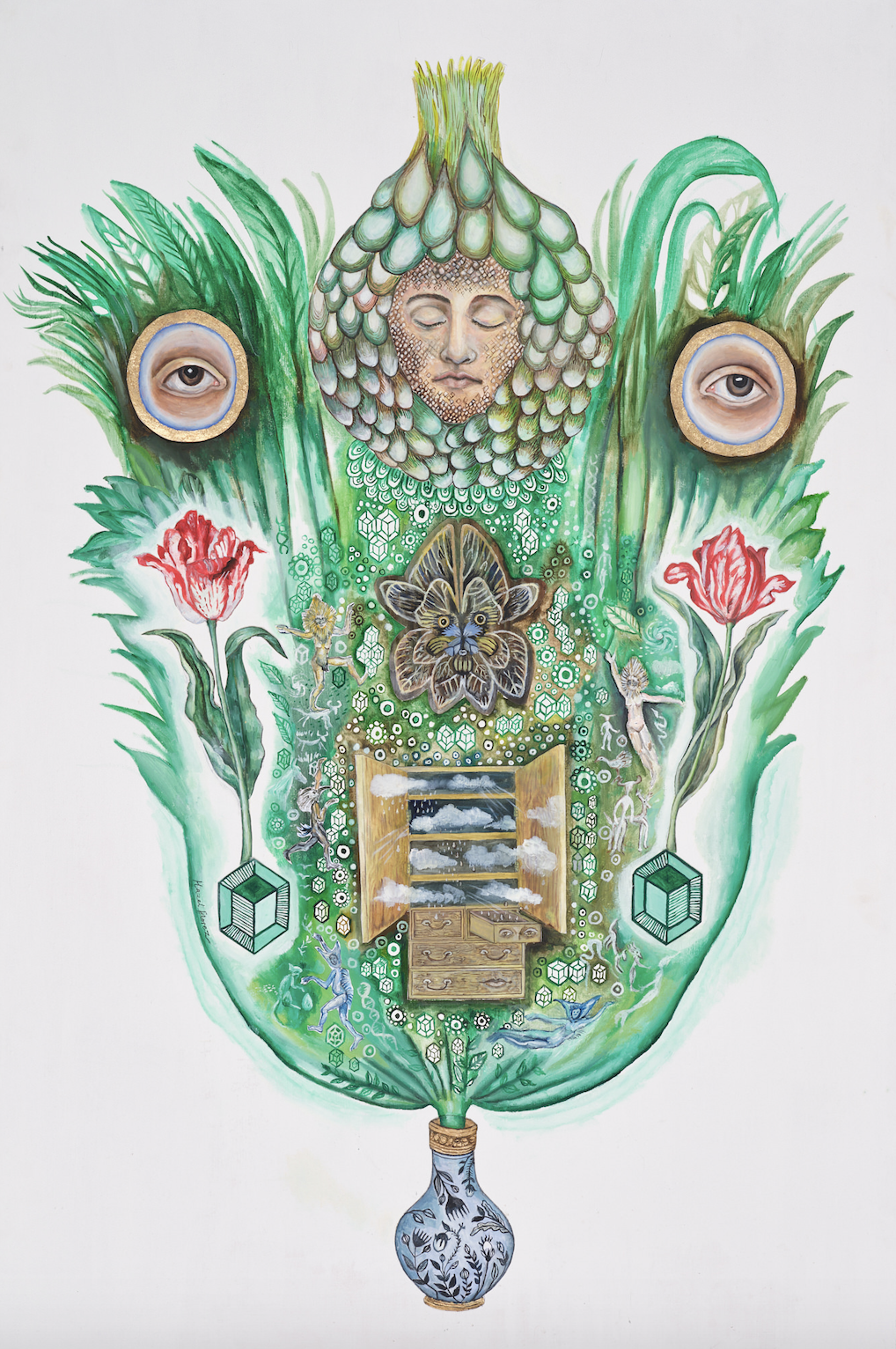 Oil paint, gold leaf, card on board,  123 x 81 cm