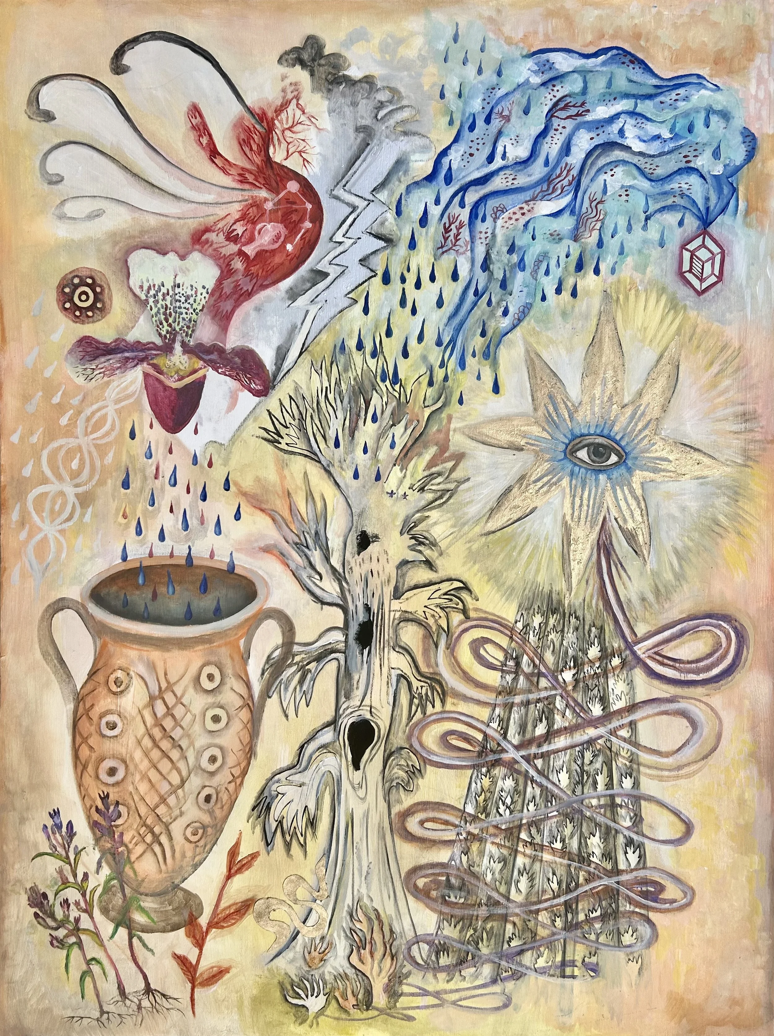 Oil, gold leaf, silver pigment, on wooden panel 80 × 60 cm