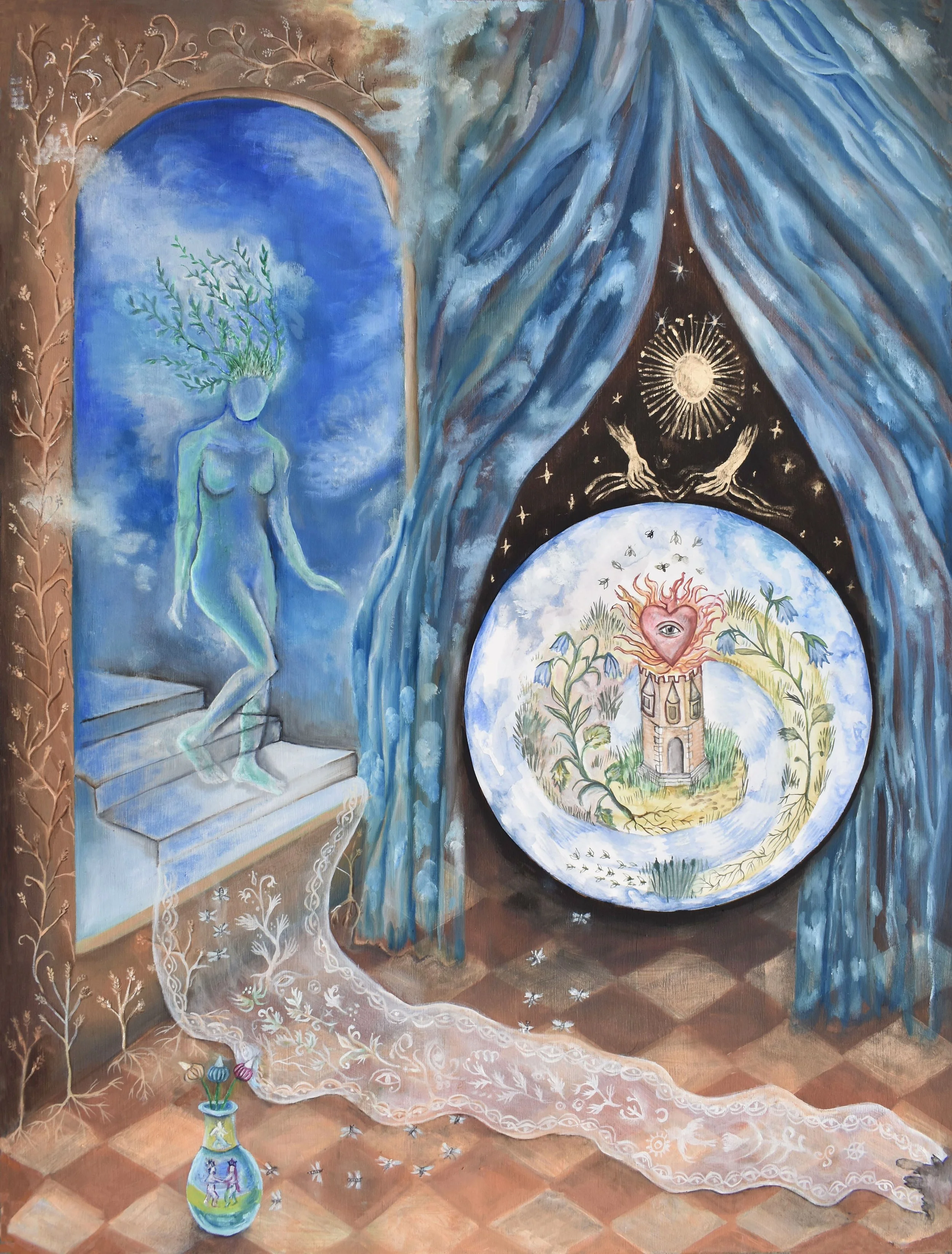 Oil, watercolour, card, gold pigment on board 80 × 60 cm