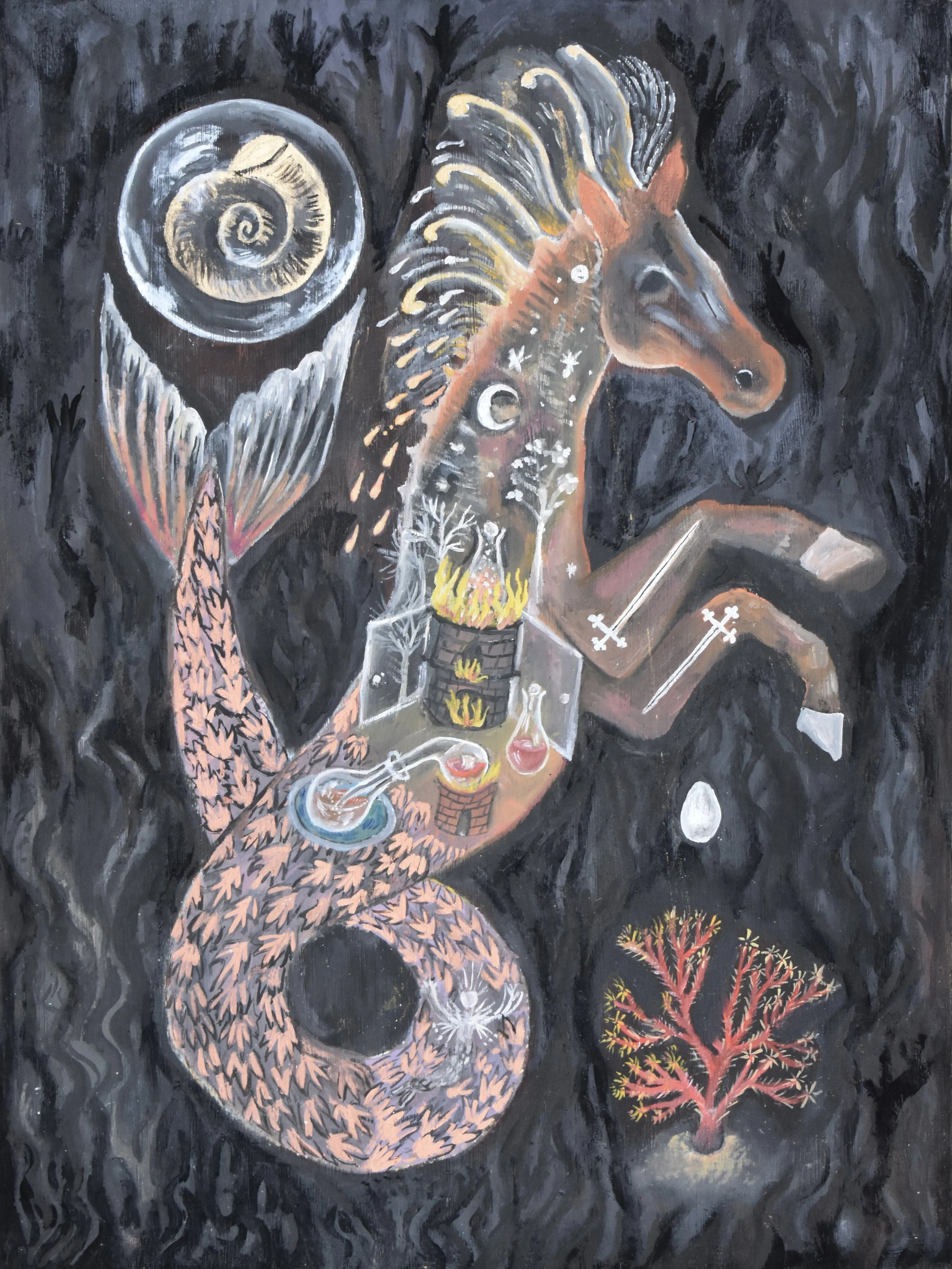 Oil, musou black, copper metallic powder on wooden panel 40 × 30 cm