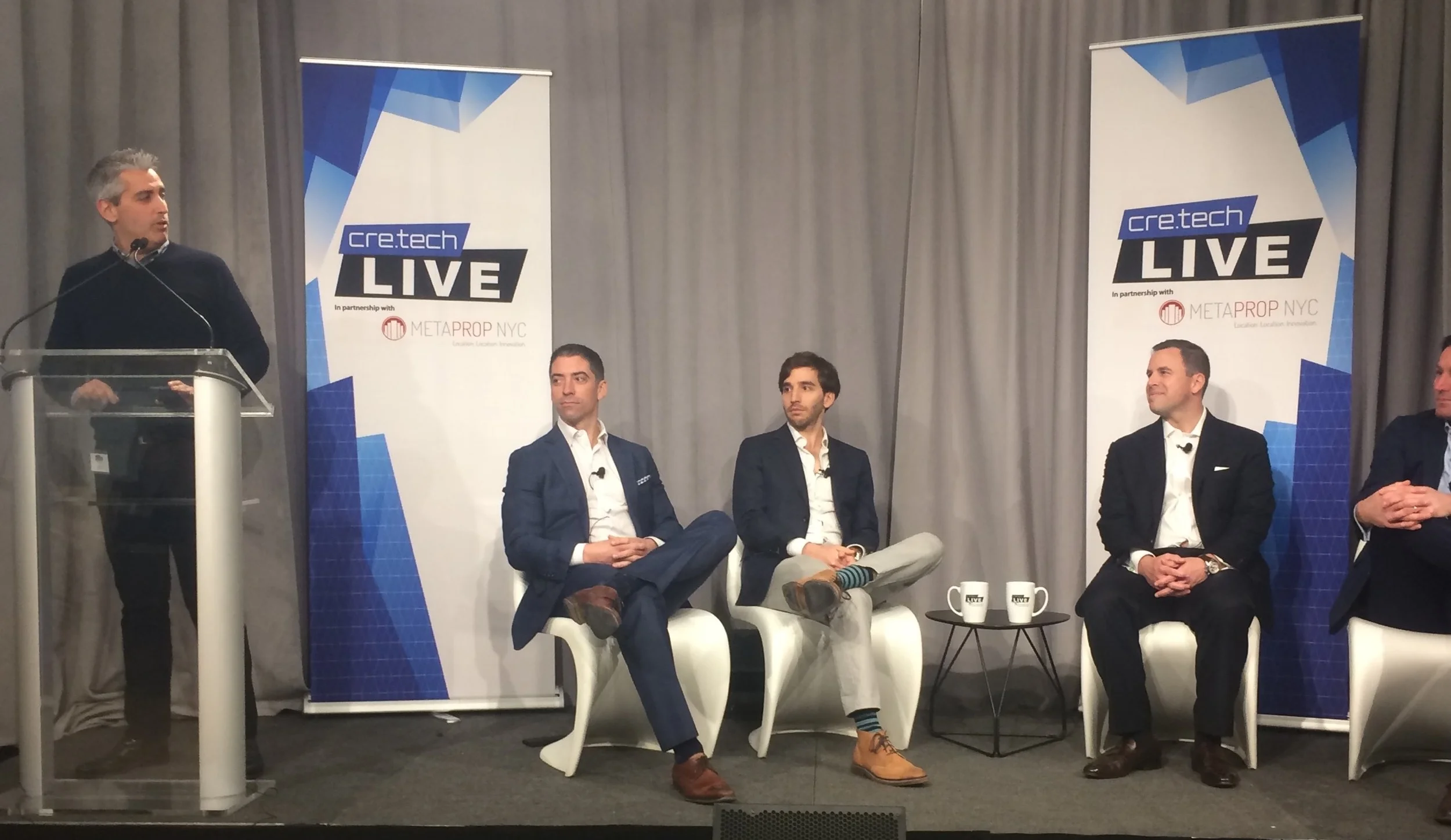 (Left to right) Aaron Block, MetaProp NYC Founding Partner & Managing Director introduces cre.techLIVE expert tech brokers Sacha Zarba, CBRE; Jonathan Wasserstrum, CEO, The SquareFoot; Jim Wink, JLL, and Eric Thomas, CRESA.