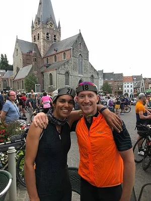 Anisa Aubin (#21) with Chris Thomas (#18) at the start line.