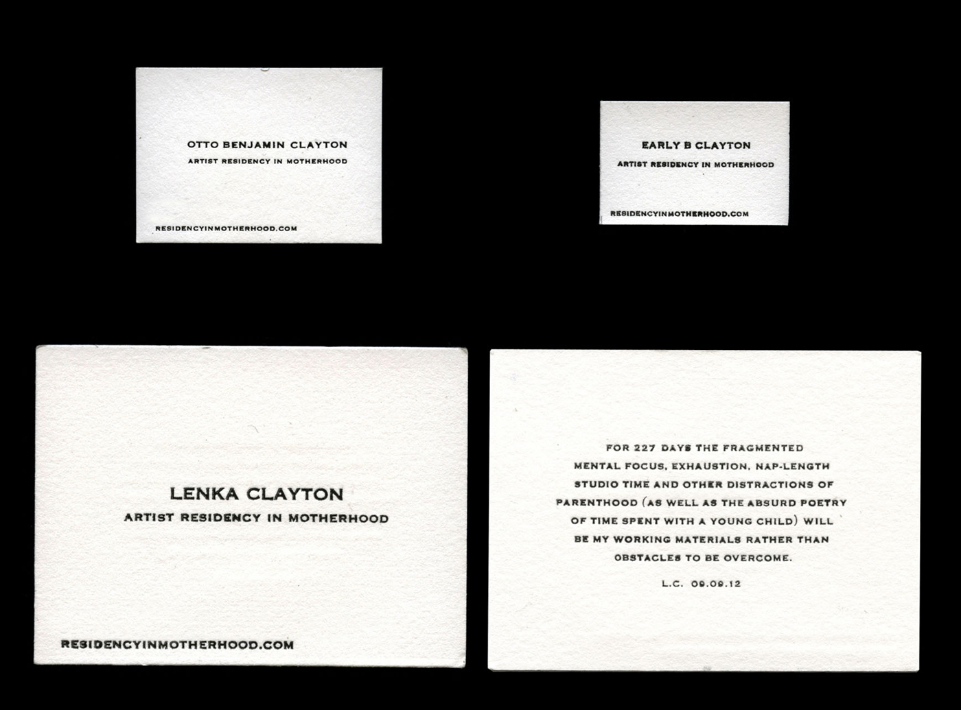 Artist Residency in Motherhood Business Cards (clockwise left to right) oldest child, youngest child, my business card / printed by Jasdeep Khaira