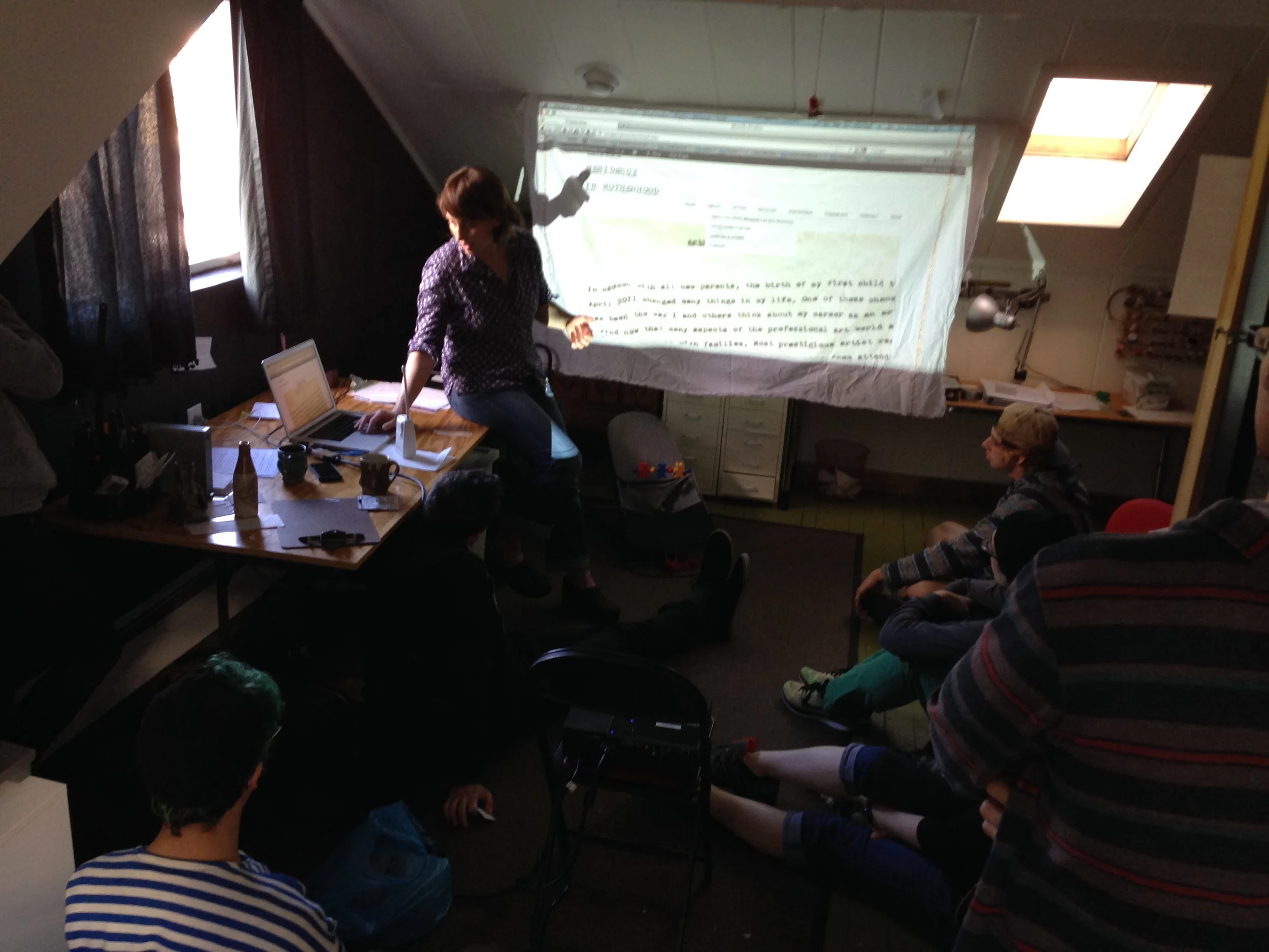 My mentor Jon Rubin's class visiting my Artist Residency in Motherhood, in my attic studio / 2012