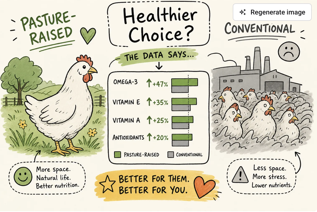       
  
    Is Pasture-Raised Chicken Actually Healthier? The Data  Is Pasture-Raised Chicken Actually Healthier? The Data  Most people buying pasture-raised chicken assume it's the better choice. But "better" is doing a lot of work in that sentenc