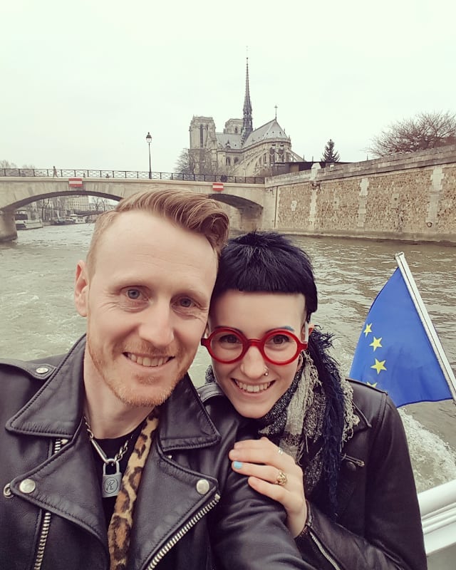 Claire and I in Paris, with the spire of the Notre Dame on the background. We had just got engaged.  Our hearts bleed for Paris, and the collective history we have lost tonight. 
Take the time to notice the beauty, art and history around us. 
#paris 