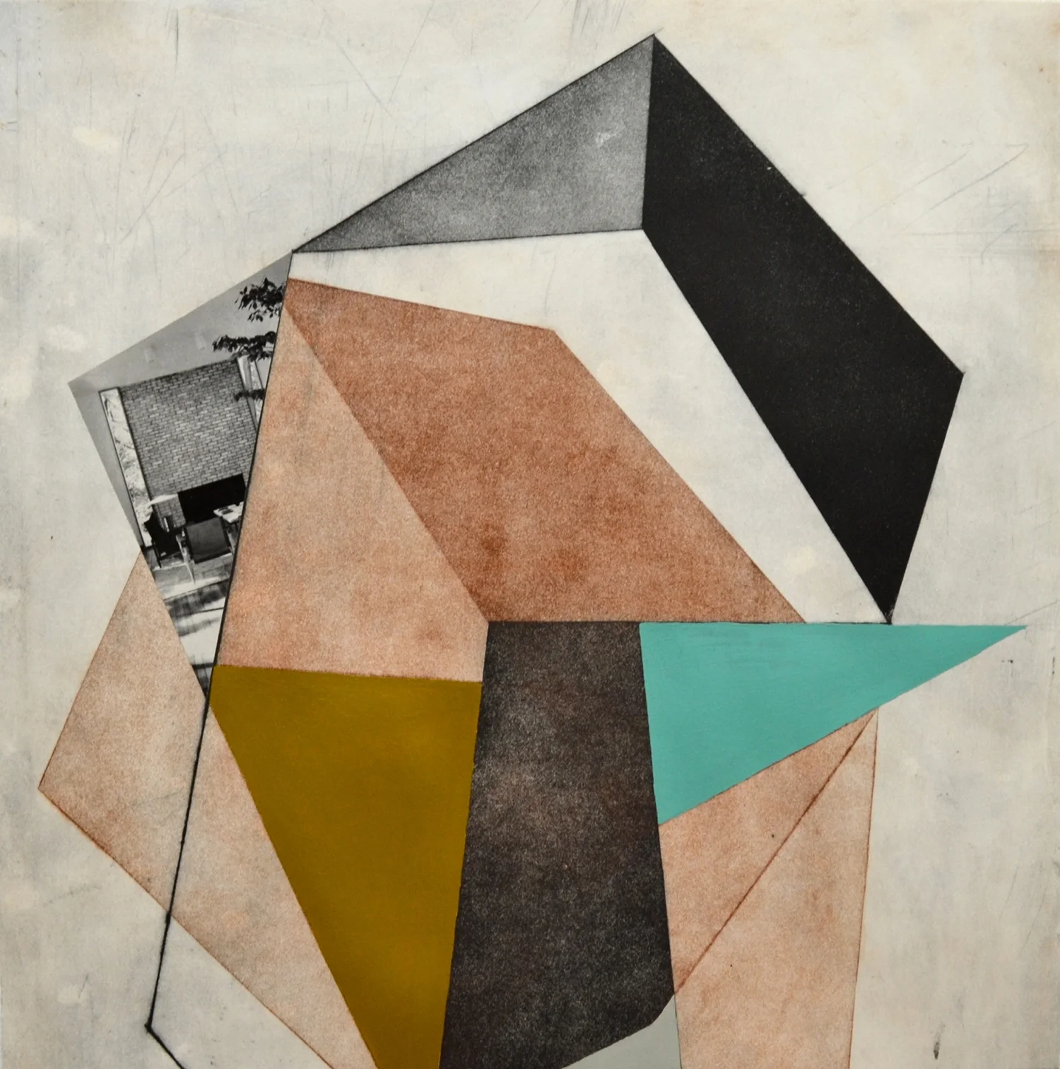 Space Travel, 18"x18" etching with collage and paint