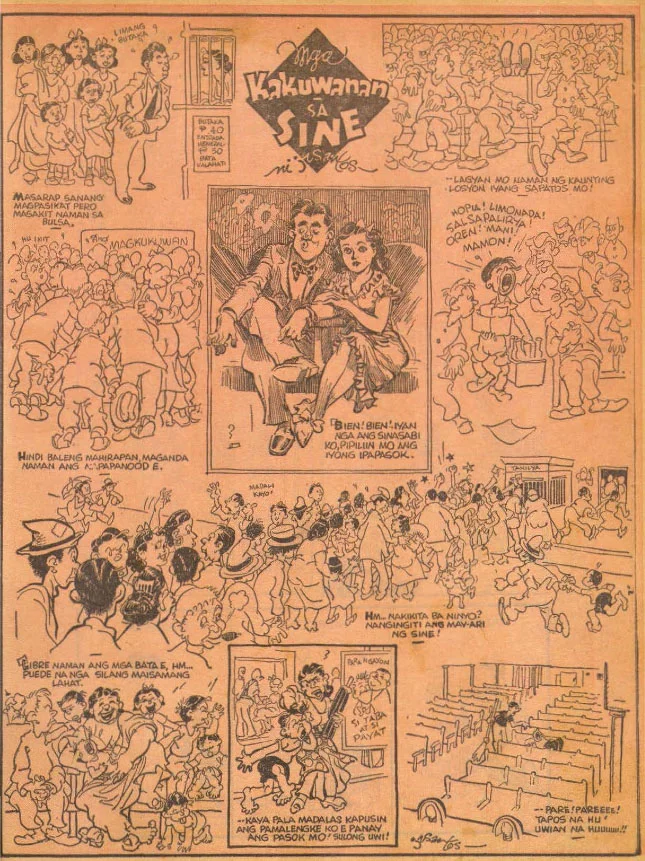 Figure 4: “Antics at the Cinema,” J. Zabala Santo. Though this cartoon dates to the 1950s, it demonstrates some of these ideas about the mass crowd. Source: Lopez Museum and Library
