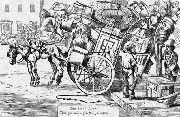 1869, a customer asks a cartman: "Can't you take a few things more?" ( Harper's Weekly )