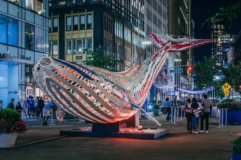Illuminated Steel Whale Installation on Broadway