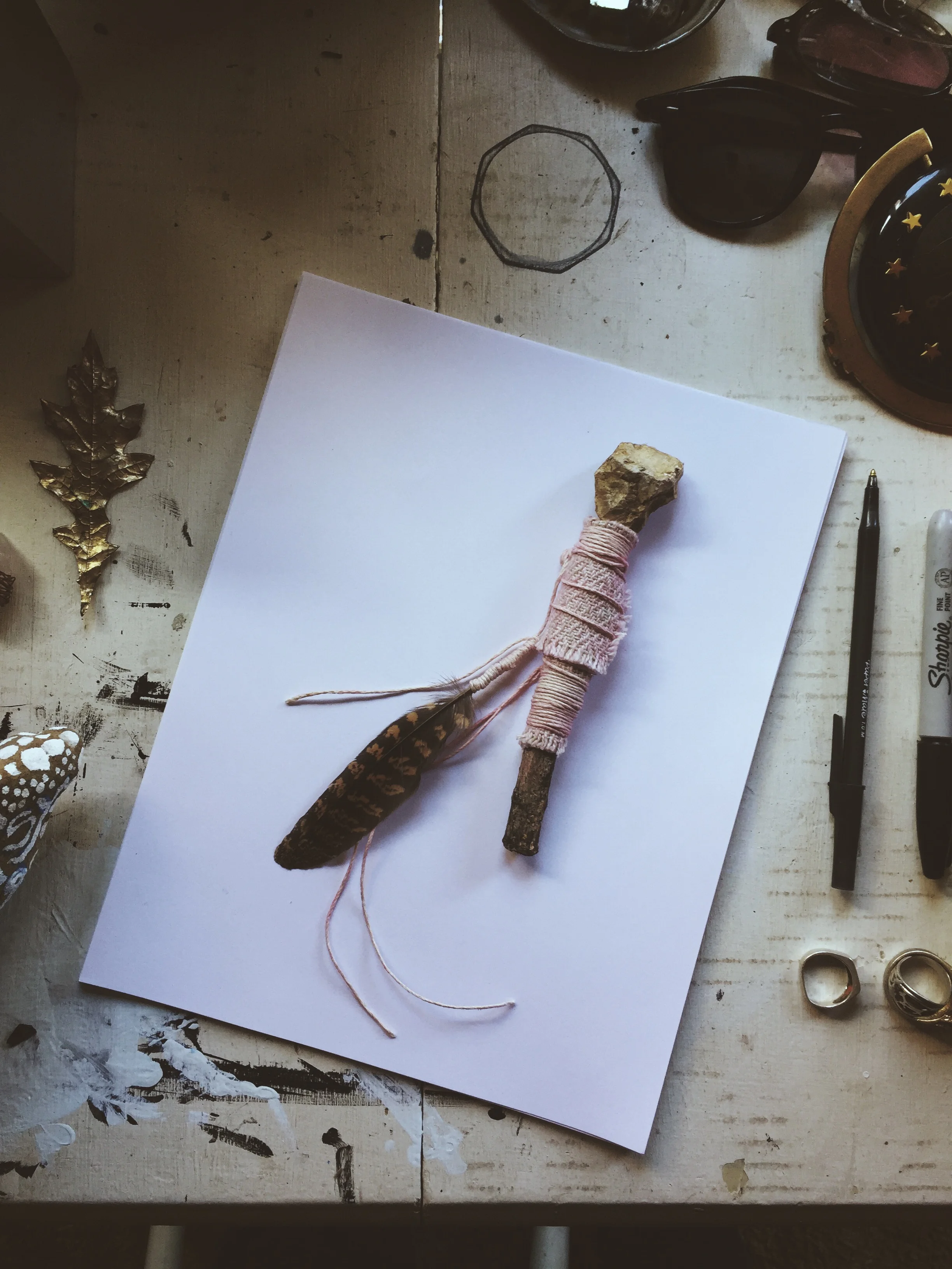   What are you working on now?   A paho is a Hopi prayer stick and is a tool of meditation. It is usually created to prepare for a special ceremony or ritual, and can be a great device to set intention. I am experimenting with the marriage of religio