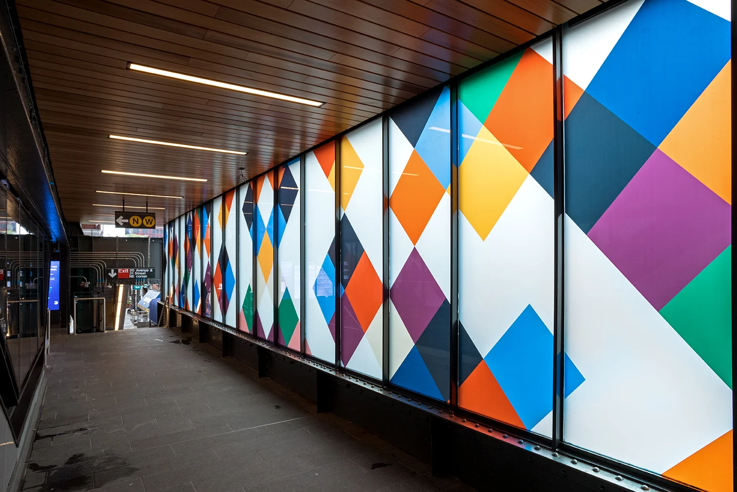 Perasma I , 2018, 8.5 x 66', laminated glass Perasma II , 2018, 8.5 x 66', laminated glass Dappelganger , 6.5 x 16', laminated glass Commissioned by the MTA Arts & Design.