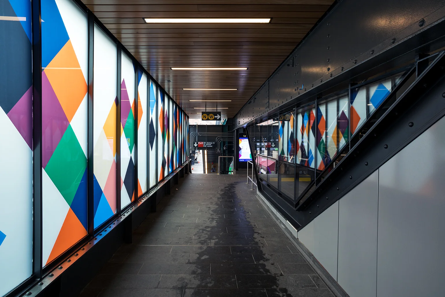 Perasma I , 2018, 8.5 x 66', laminated glass Perasma II , 2018, 8.5 x 66', laminated glass Dappelganger , 6.5 x 16', laminated glass Commissioned by the MTA Arts & Design.