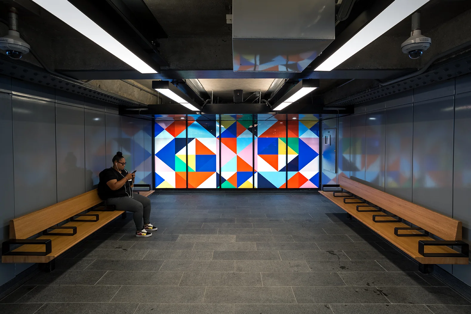 Perasma I , 2018, 8.5 x 66', laminated glass Perasma II , 2018, 8.5 x 66', laminated glass Dappelganger , 6.5 x 16', laminated glass Commissioned by the MTA Arts & Design.