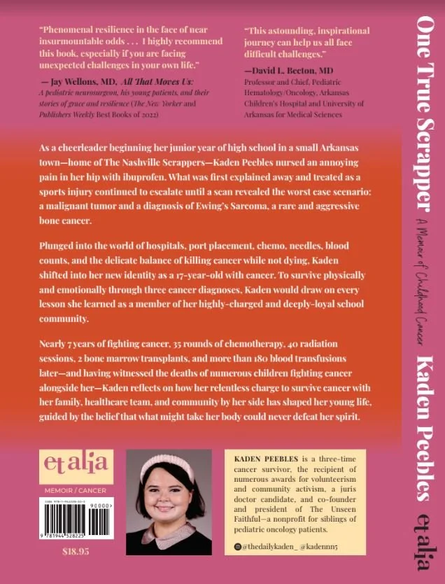 Back cover of One True Scrapper with book description and ombre pink and orange effect