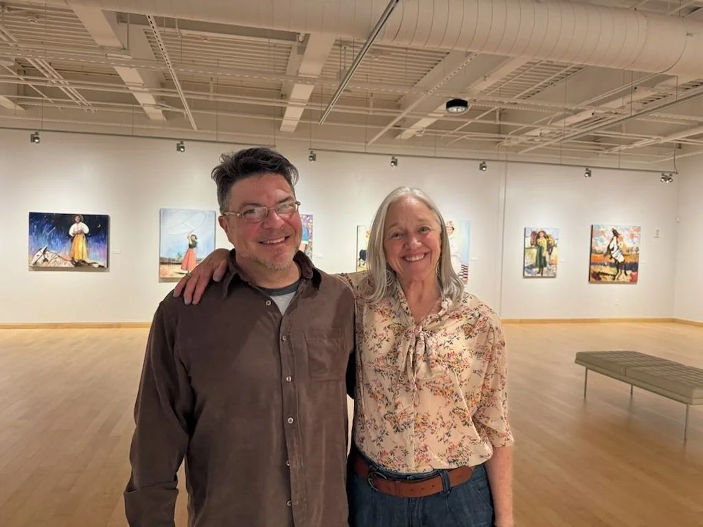 Little Rock Artist Kathy Katherine Strause and Arkansongs writer host Stephen Koch at the opening of Kathy's Fierce Women paintings show in Ft. Smith Arkansas