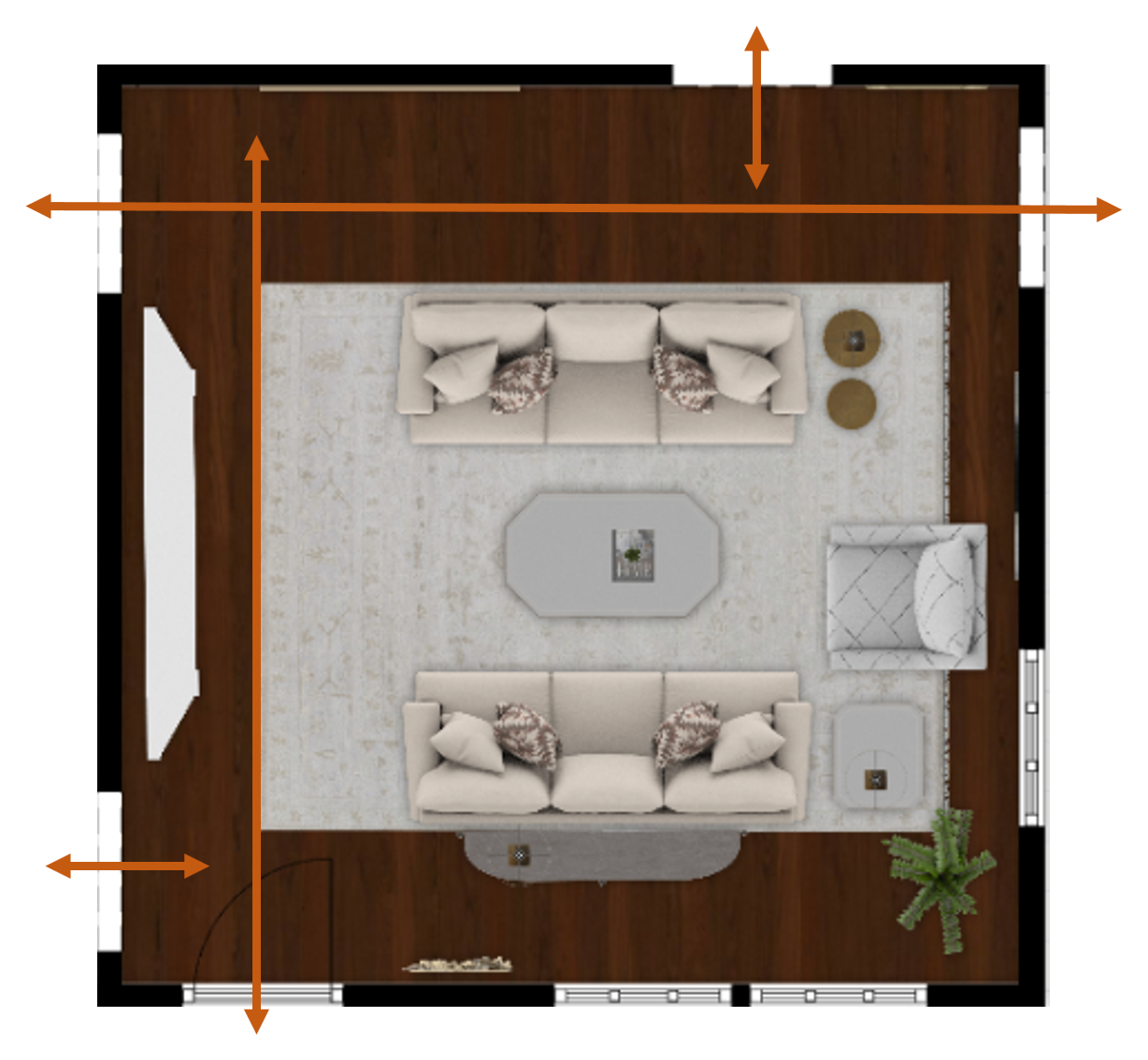 Floor plan showing a living room with five doorways and a central seating zone organized around traffic paths