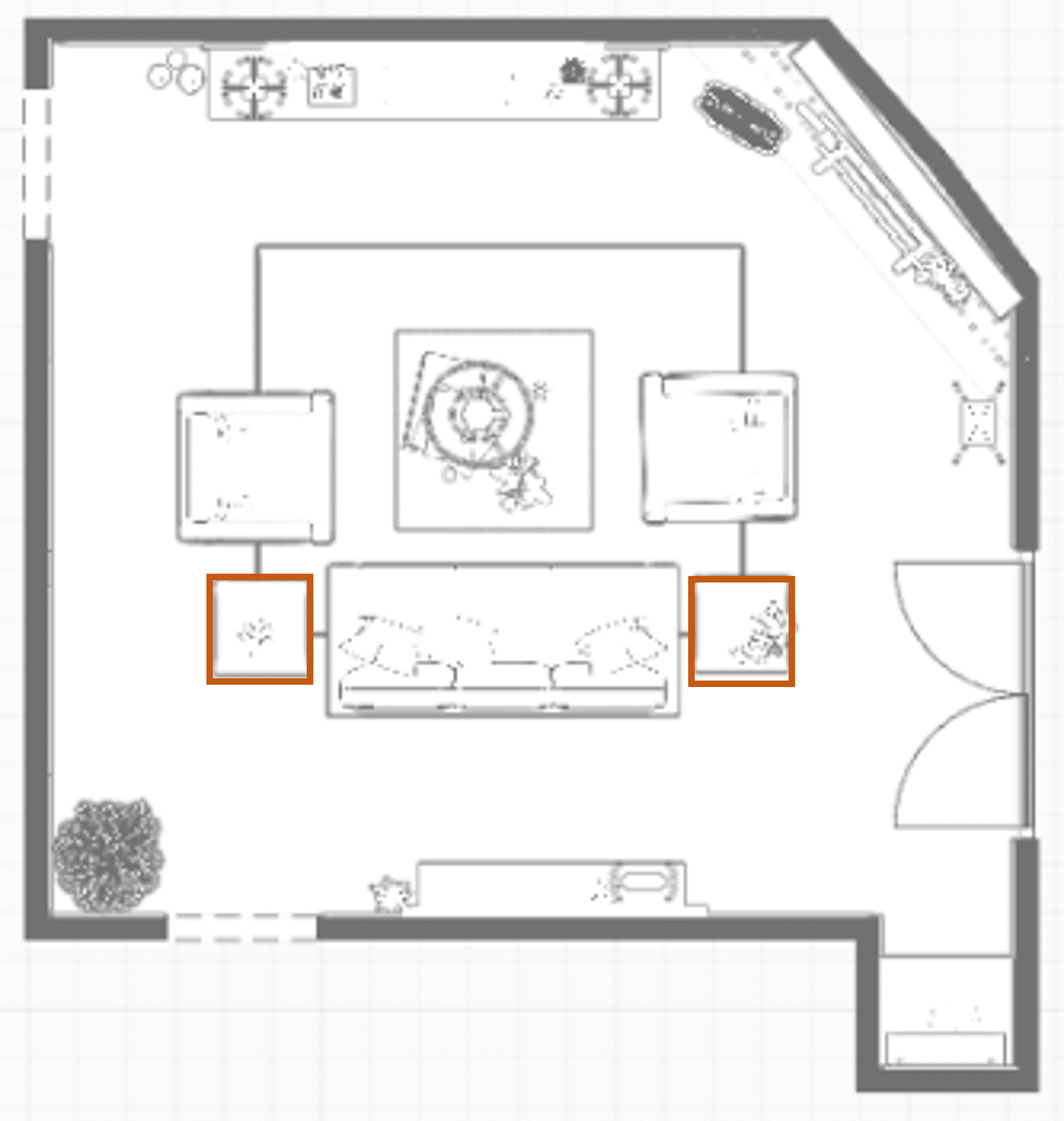 Square Living Room With Multiple Doors