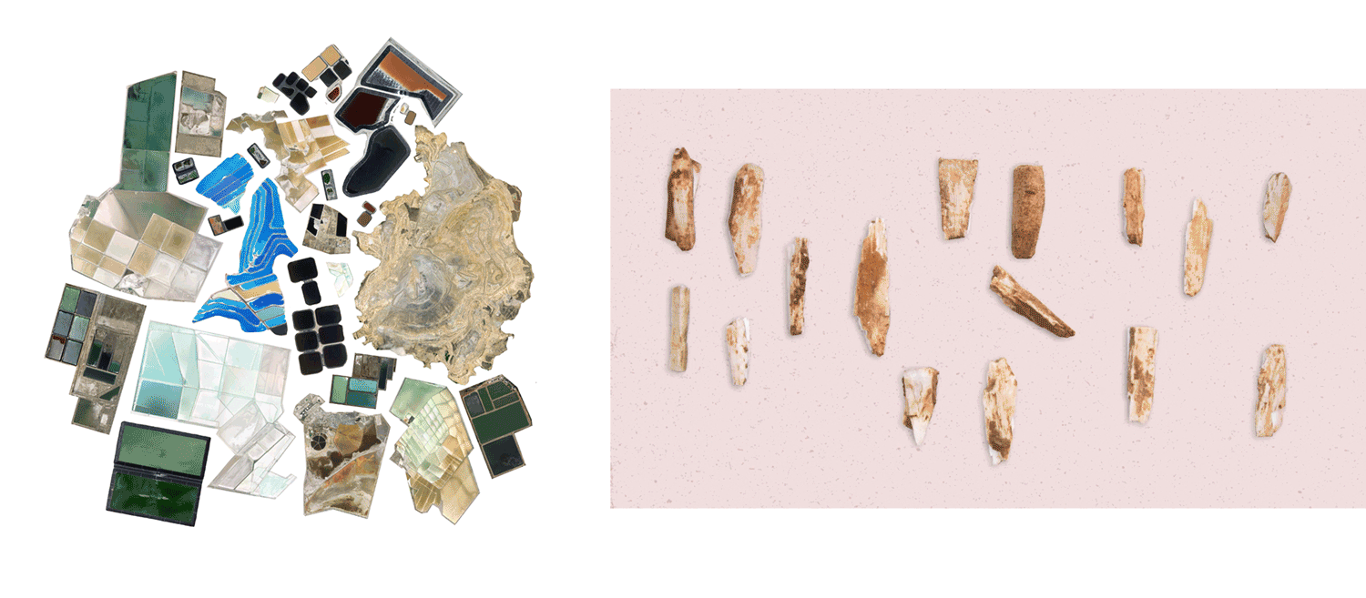 A repeating pattern made from Google Earth images of land use around Utah (left). Rocks I collected, shaped, and polished from the Crystal Geyser (right)