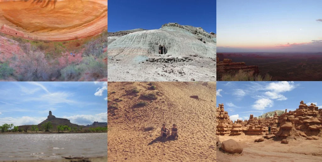 Ruins near Bluff, Utah. Bunker south of Green River, Utah. Valley of the Gods en route to the Grand Canyon. The River Beach. Sand dunes near Canyonlands. Goblin Valley.