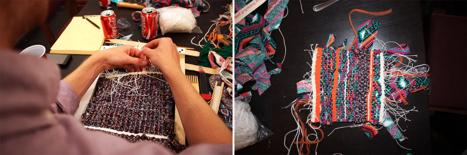 Tying off a completed weaving. Weaving detail.