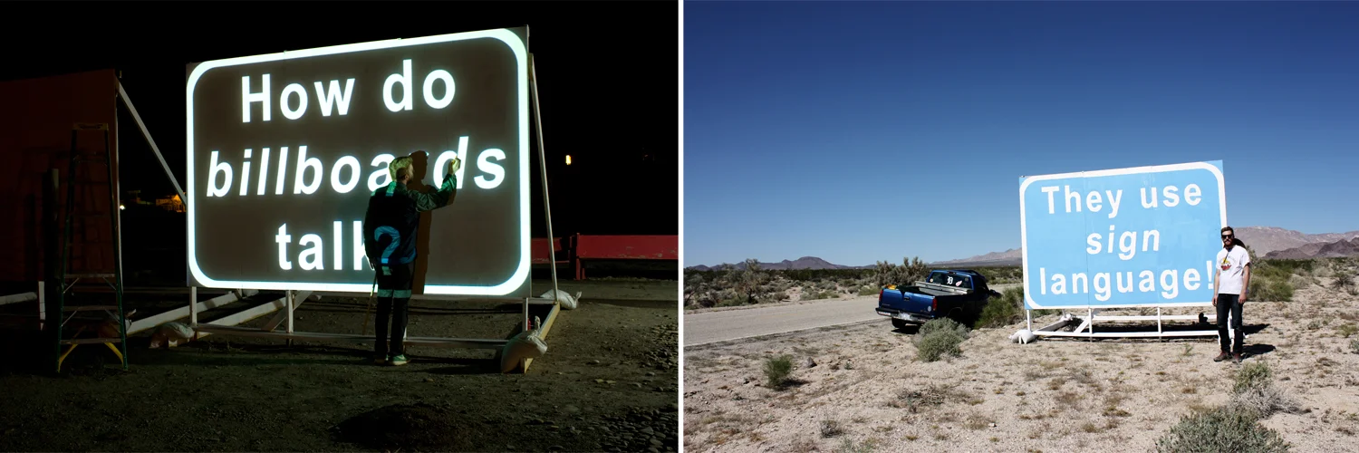 Tracing the letters of the first sign. The completed punchline sign on Kelbaker Rd. near Amboy, CA.